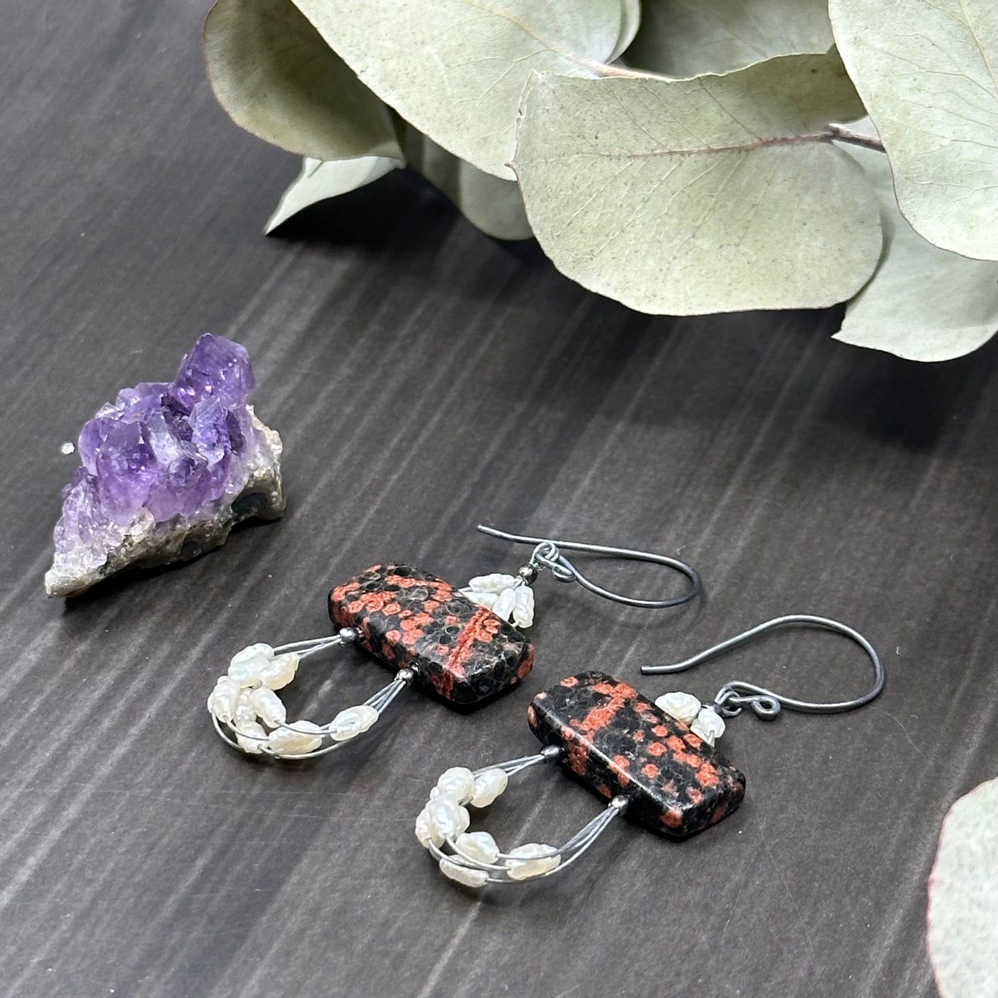 Snowflake Jasper, Freshwater Pearl, and Sterling Silver Earrings