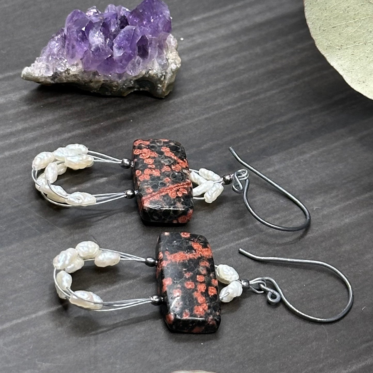 Snowflake Jasper, Freshwater Pearl, and Sterling Silver Earrings