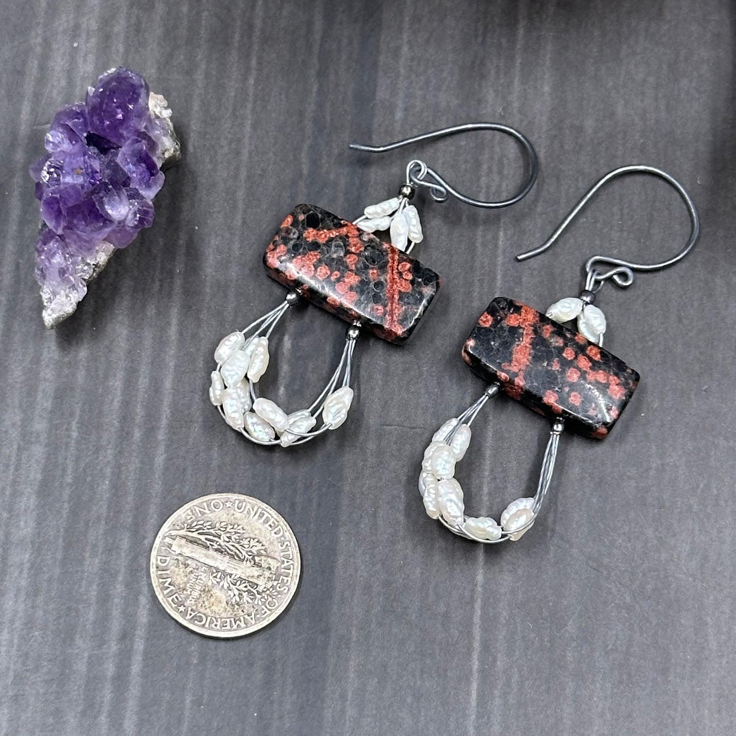 Snowflake Jasper, Freshwater Pearl, and Sterling Silver Earrings