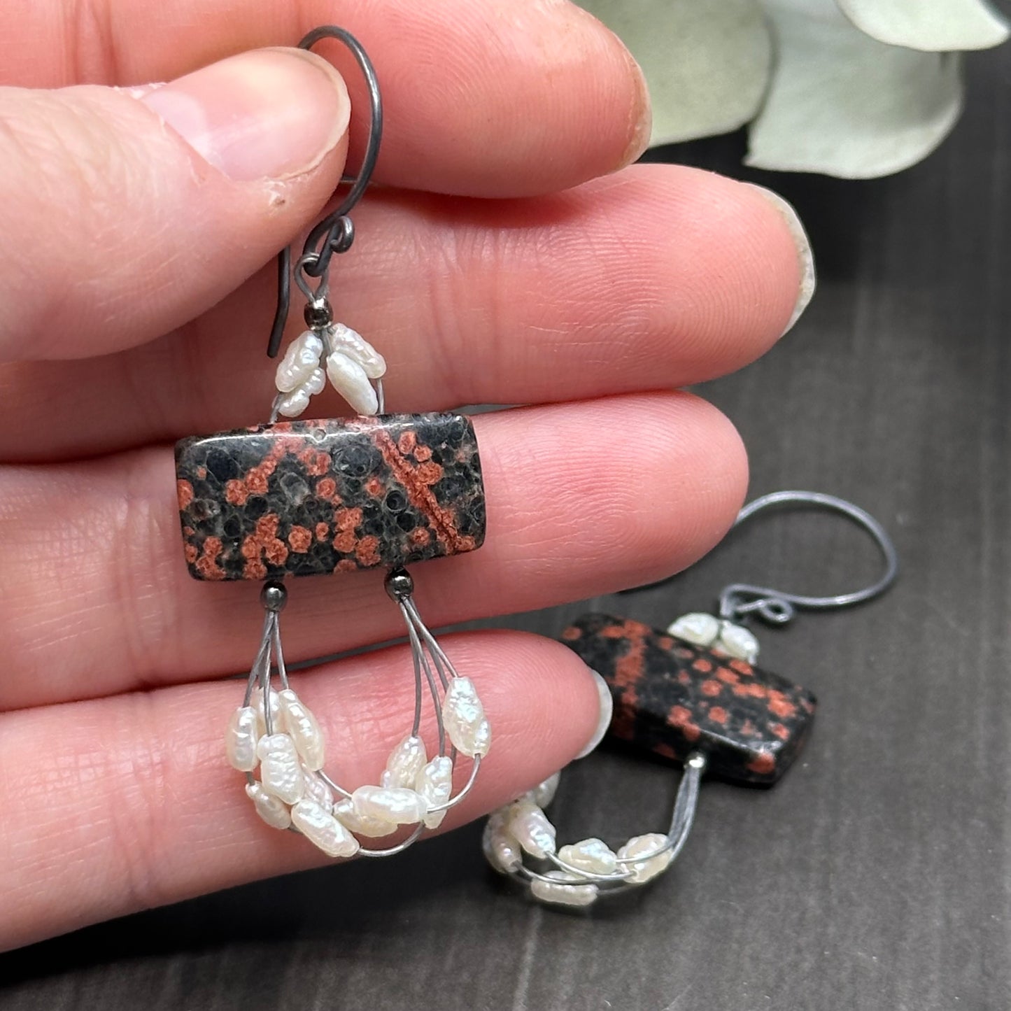 Snowflake Jasper, Freshwater Pearl, and Sterling Silver Earrings