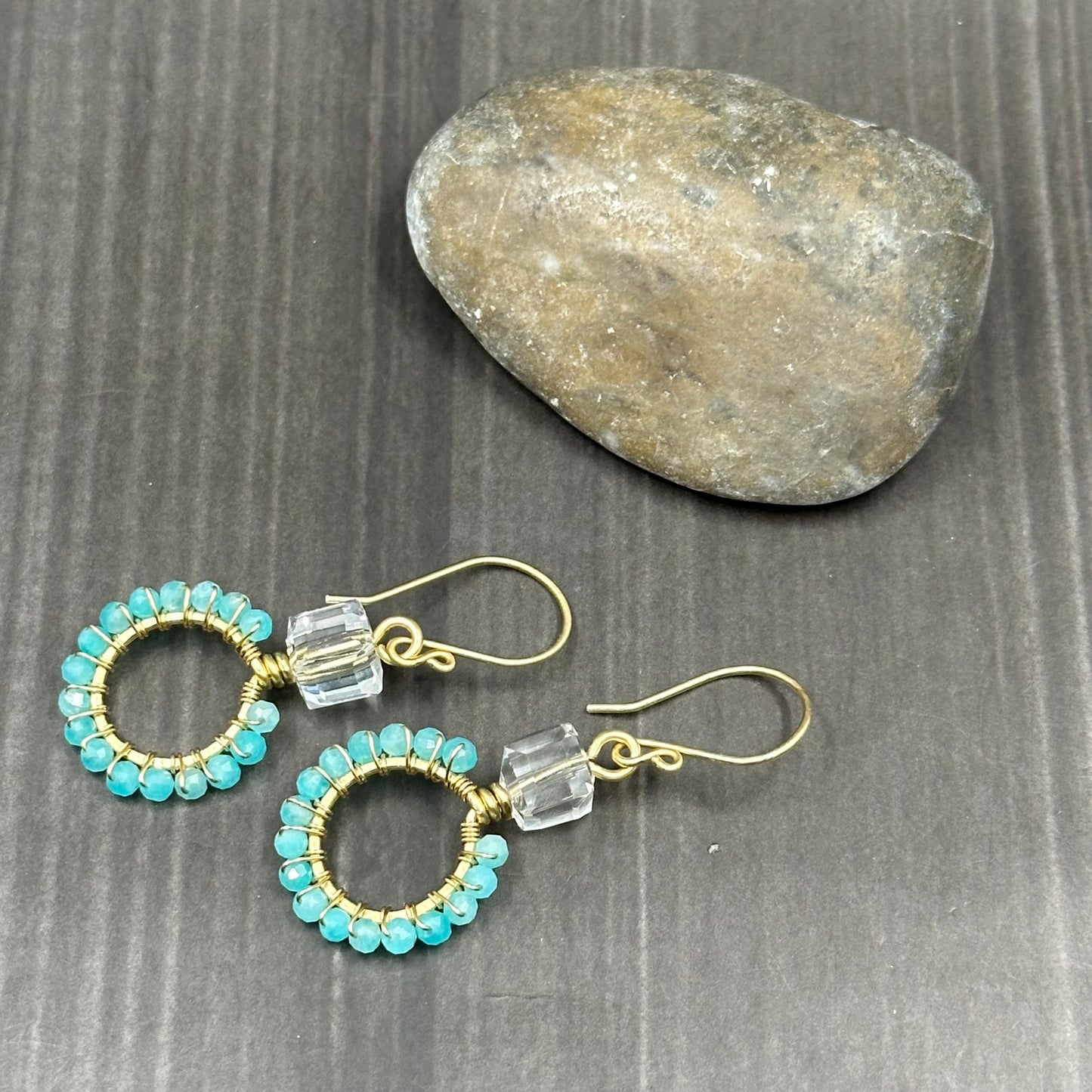 Red Brass hoop earrings with Peruvian Amazonite and czech glass