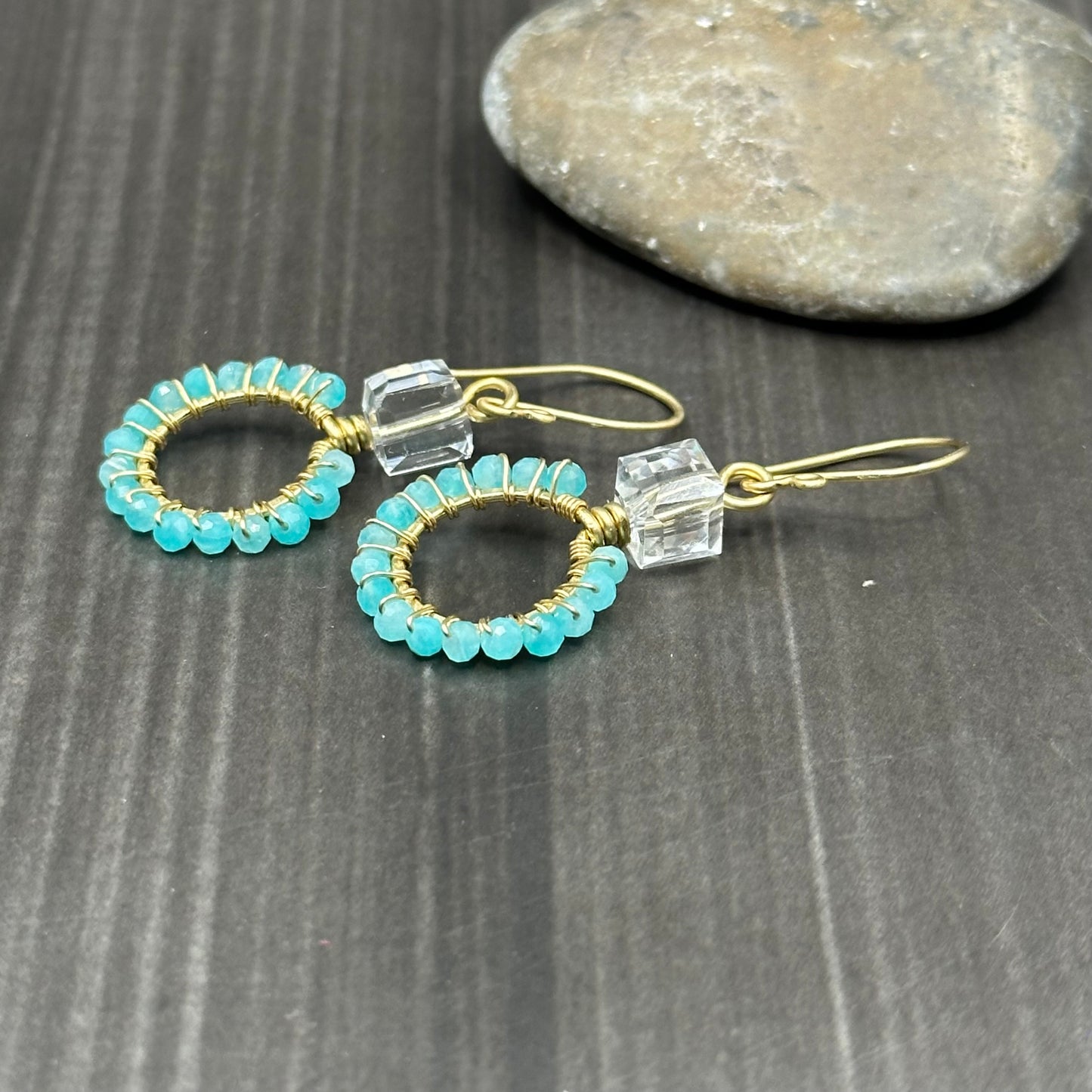 Red Brass hoop earrings with Peruvian Amazonite and czech glass
