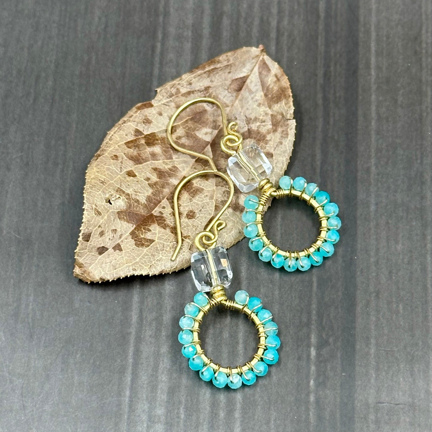 Red Brass hoop earrings with Peruvian Amazonite and czech glass