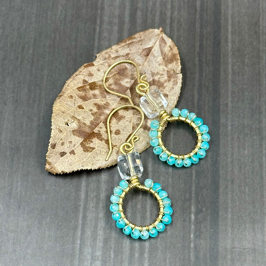Red Brass hoop earrings with Peruvian Amazonite and czech glass