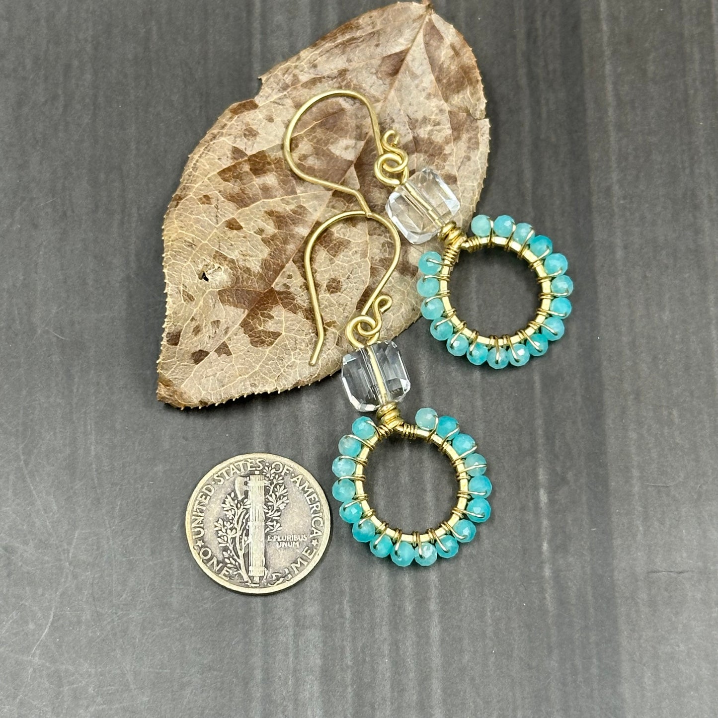 Red Brass hoop earrings with Peruvian Amazonite and czech glass