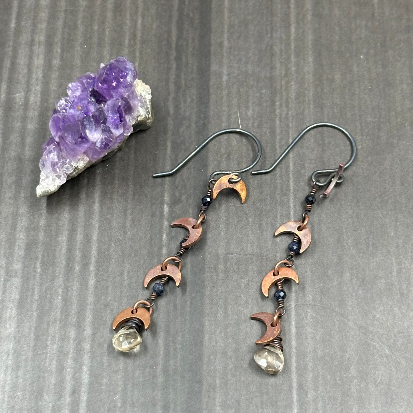 Moonbeam Earrings with Sapphire and Champagne Quartz