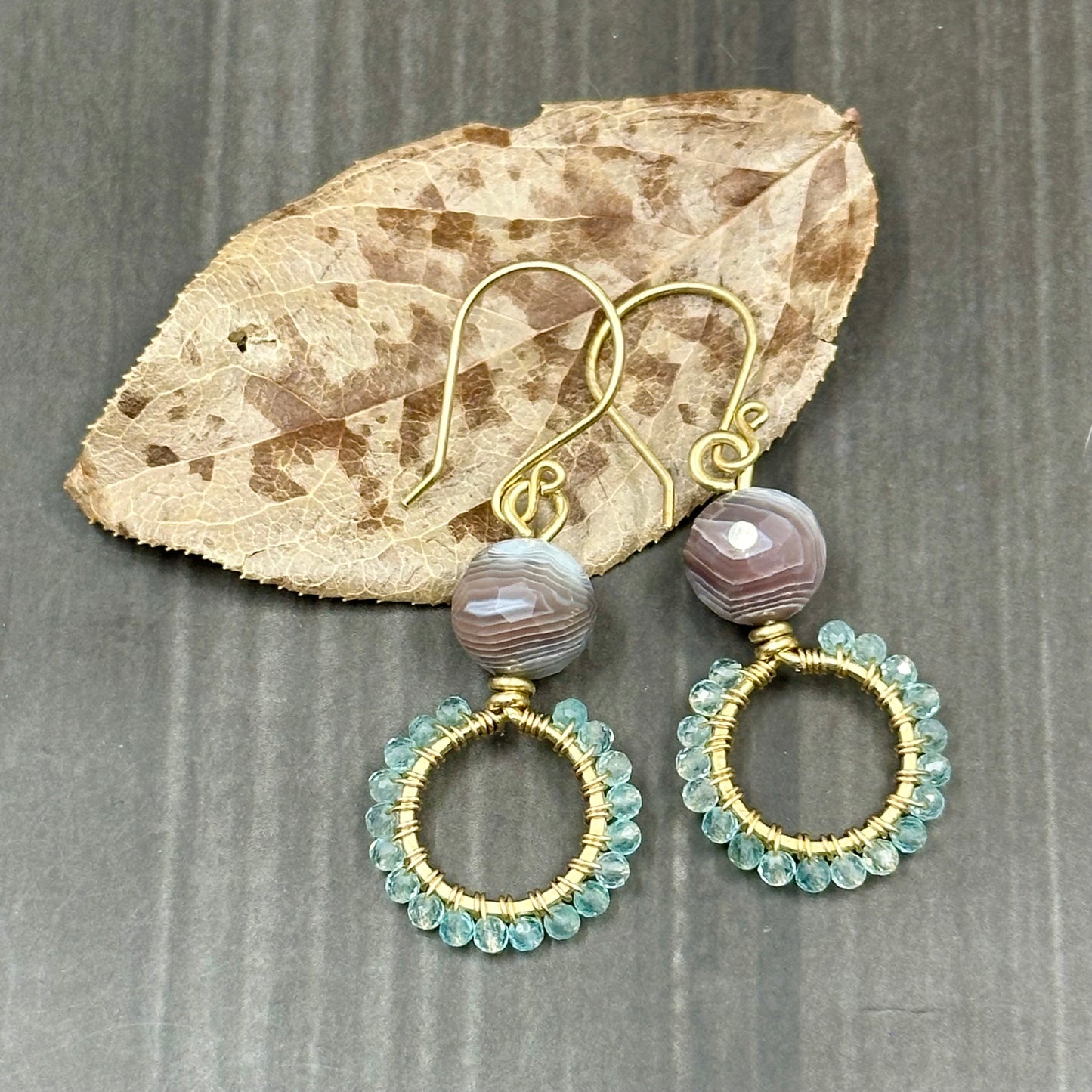 Botswana Agate and Sky Apatite Hoop Earrings in Brass