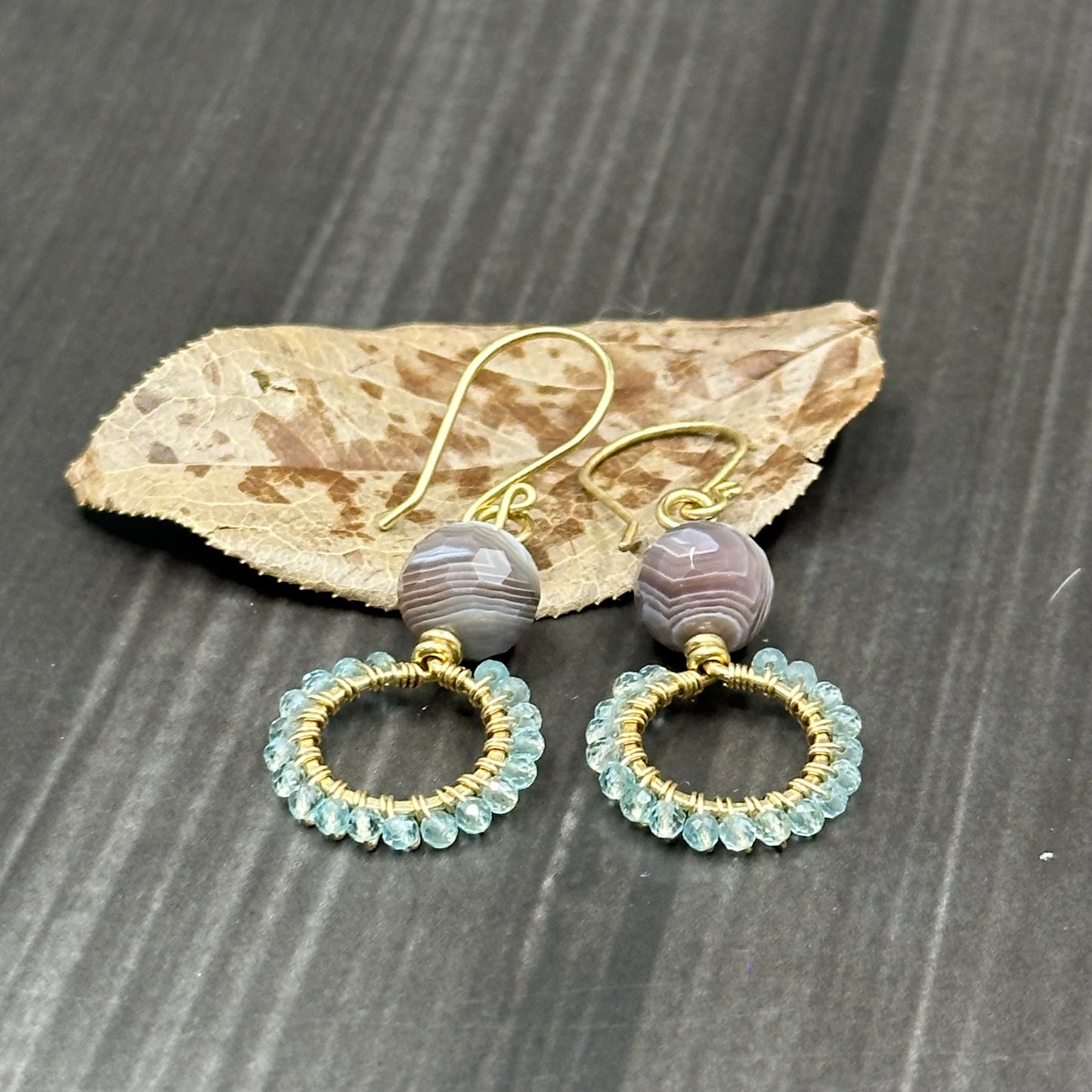 Botswana Agate and Sky Apatite Hoop Earrings in Brass