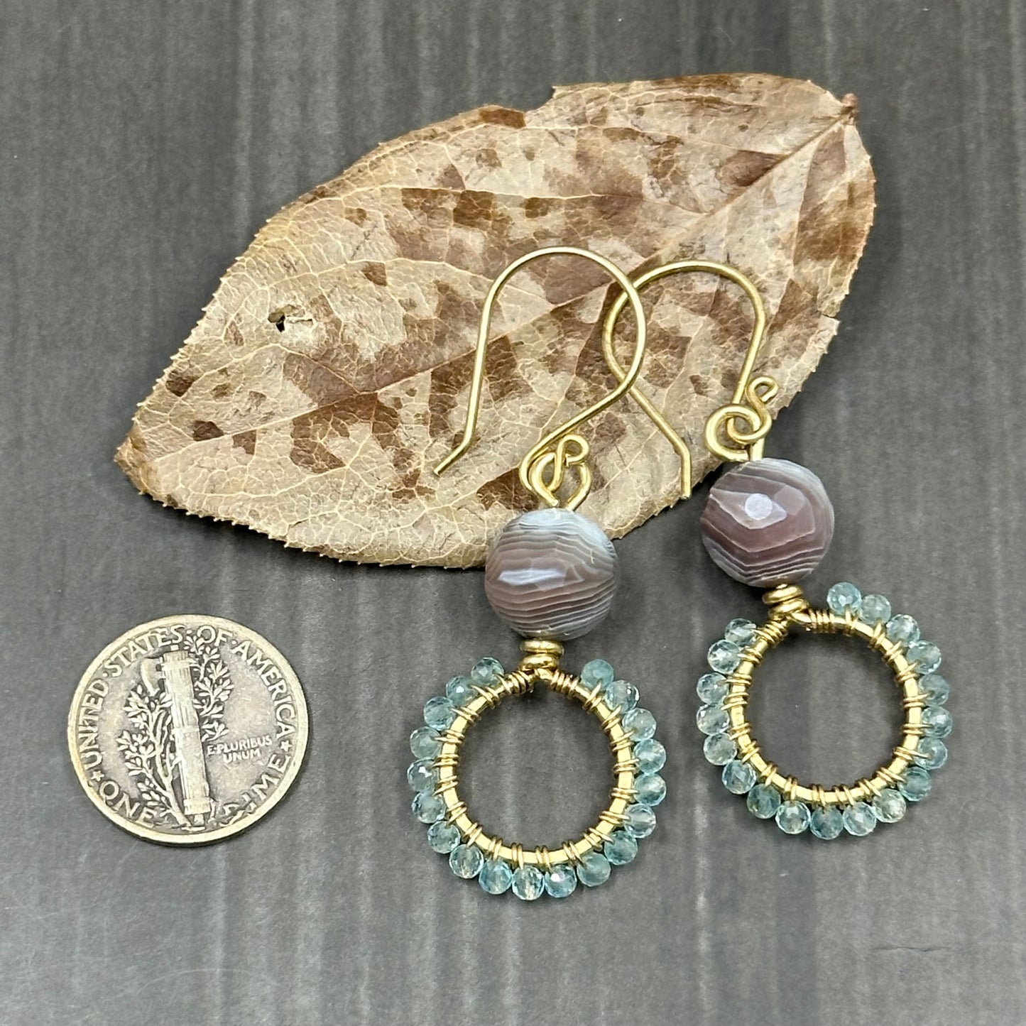 Botswana Agate and Sky Apatite Hoop Earrings in Brass
