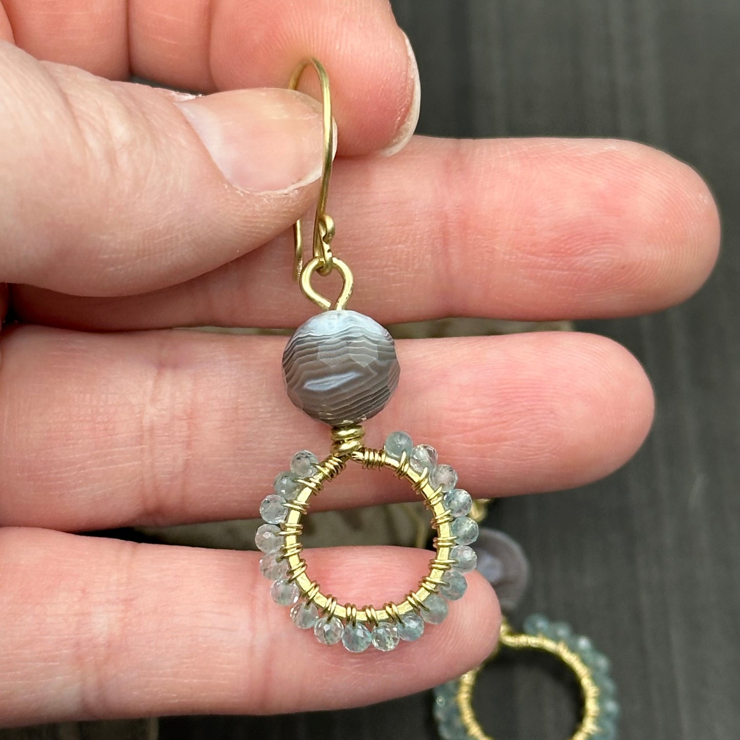 Botswana Agate and Sky Apatite Hoop Earrings in Brass