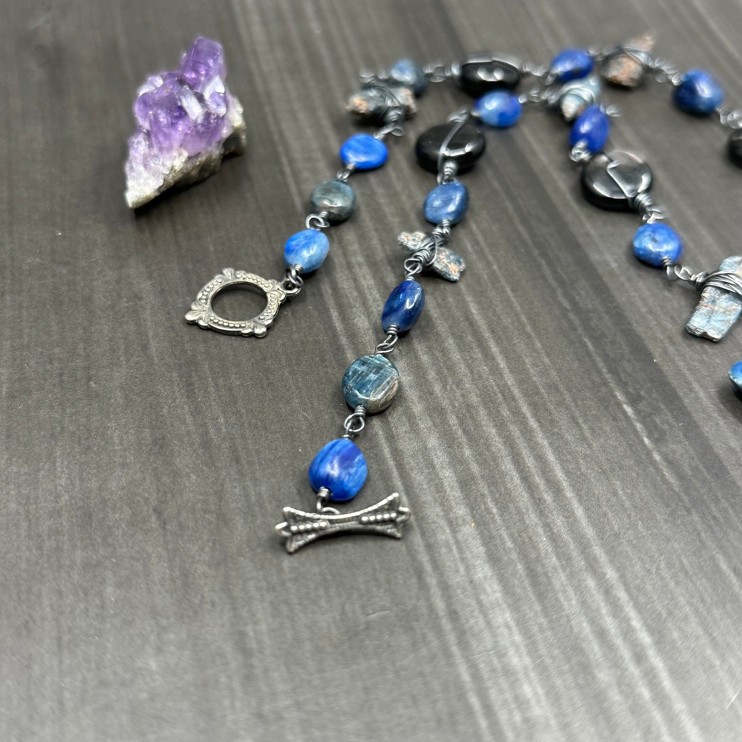 Sterling Silver, Kyanite, Hypersthene, and Ceramic Cat Necklace