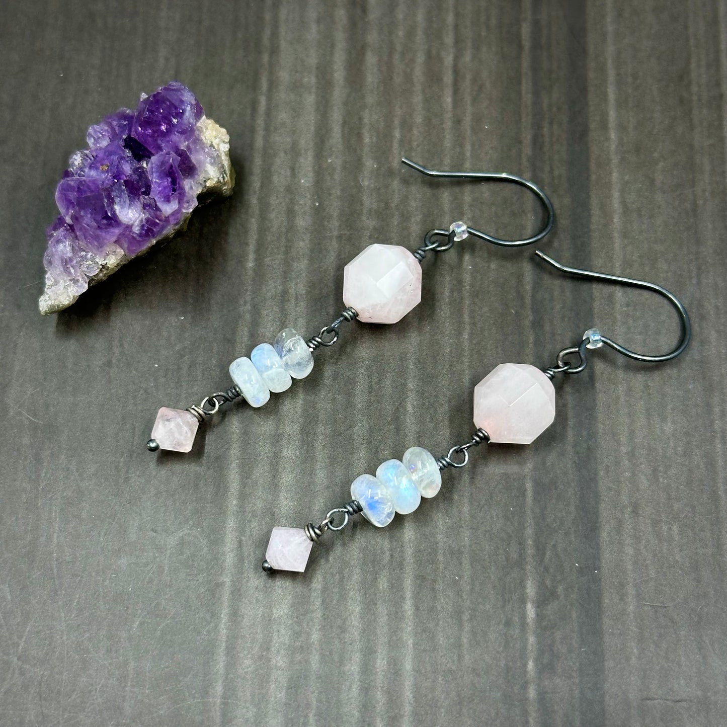 Morganite, Sterling Silver, and Rainbow Moonstone Earrings