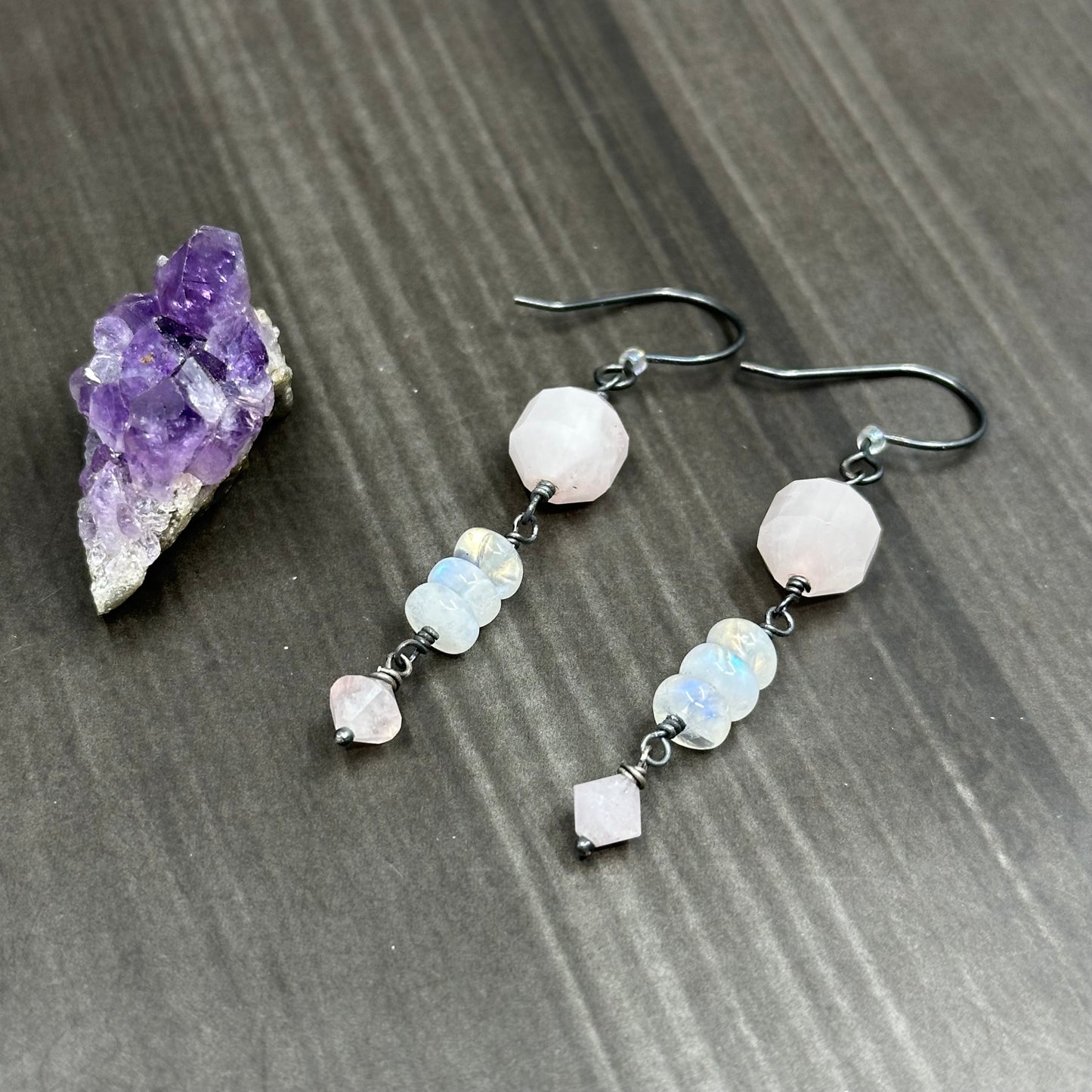 Morganite, Sterling Silver, and Rainbow Moonstone Earrings