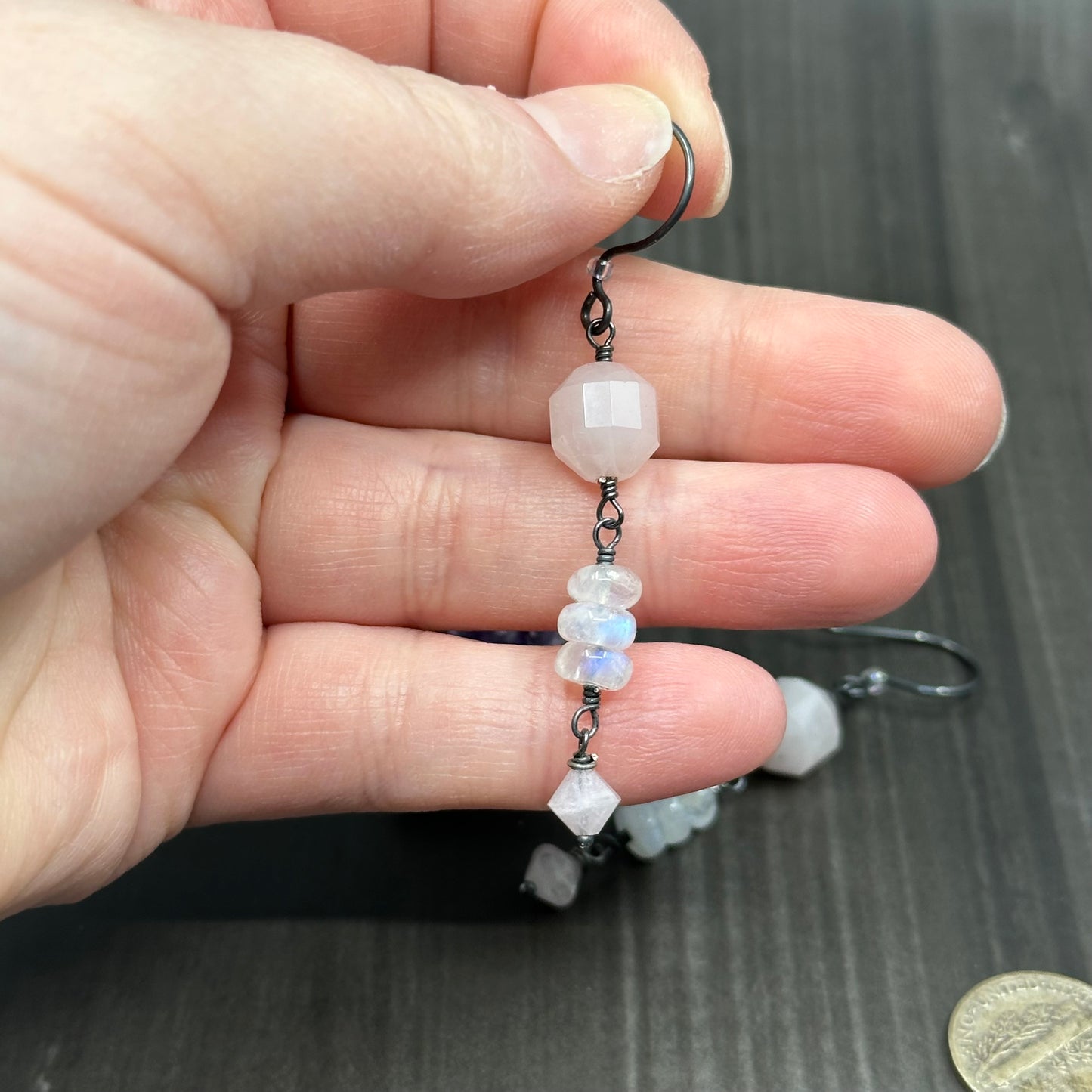 Morganite, Sterling Silver, and Rainbow Moonstone Earrings