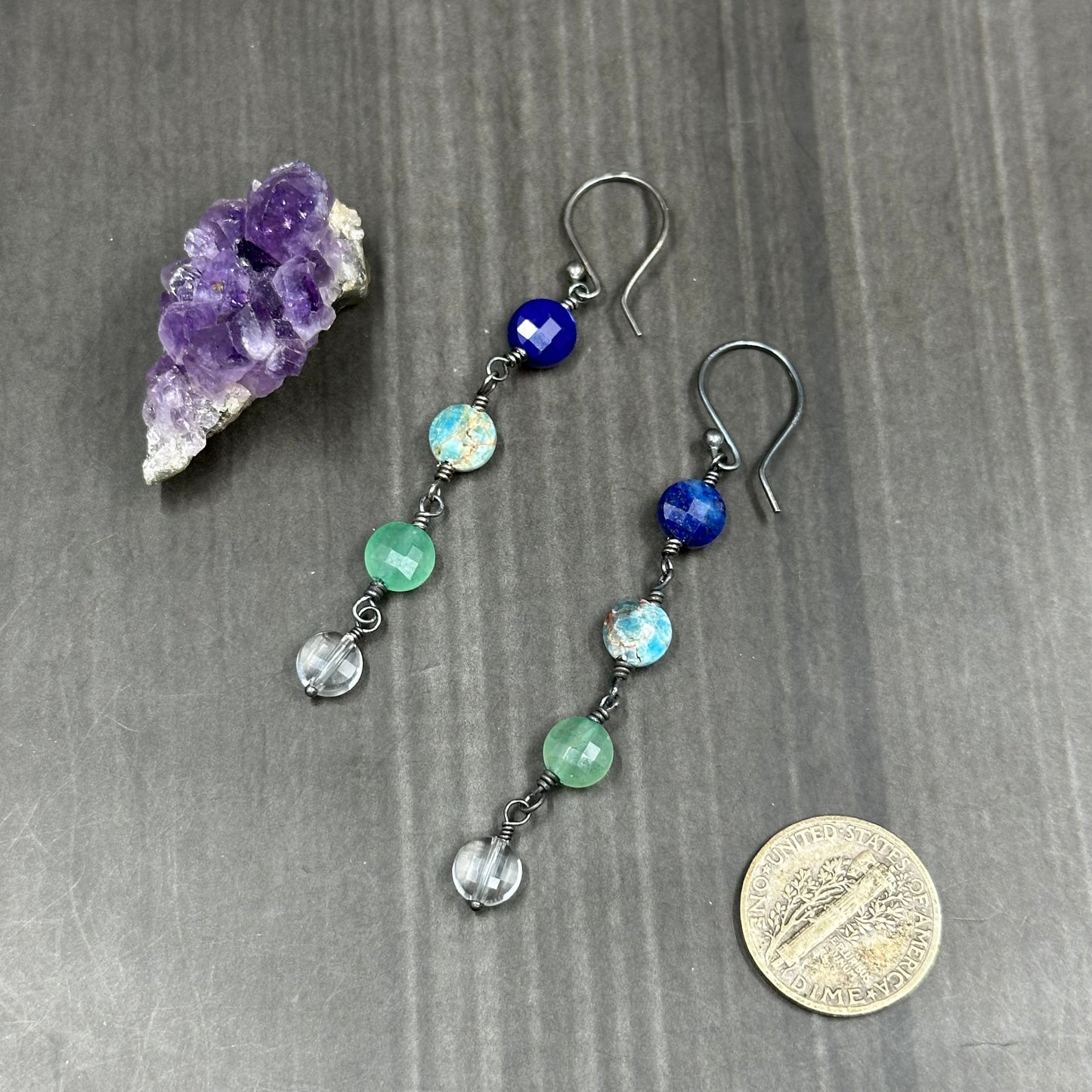 Lapis, Apatite, Aventurine, and Crystal Quartz Earrings in Sterling
