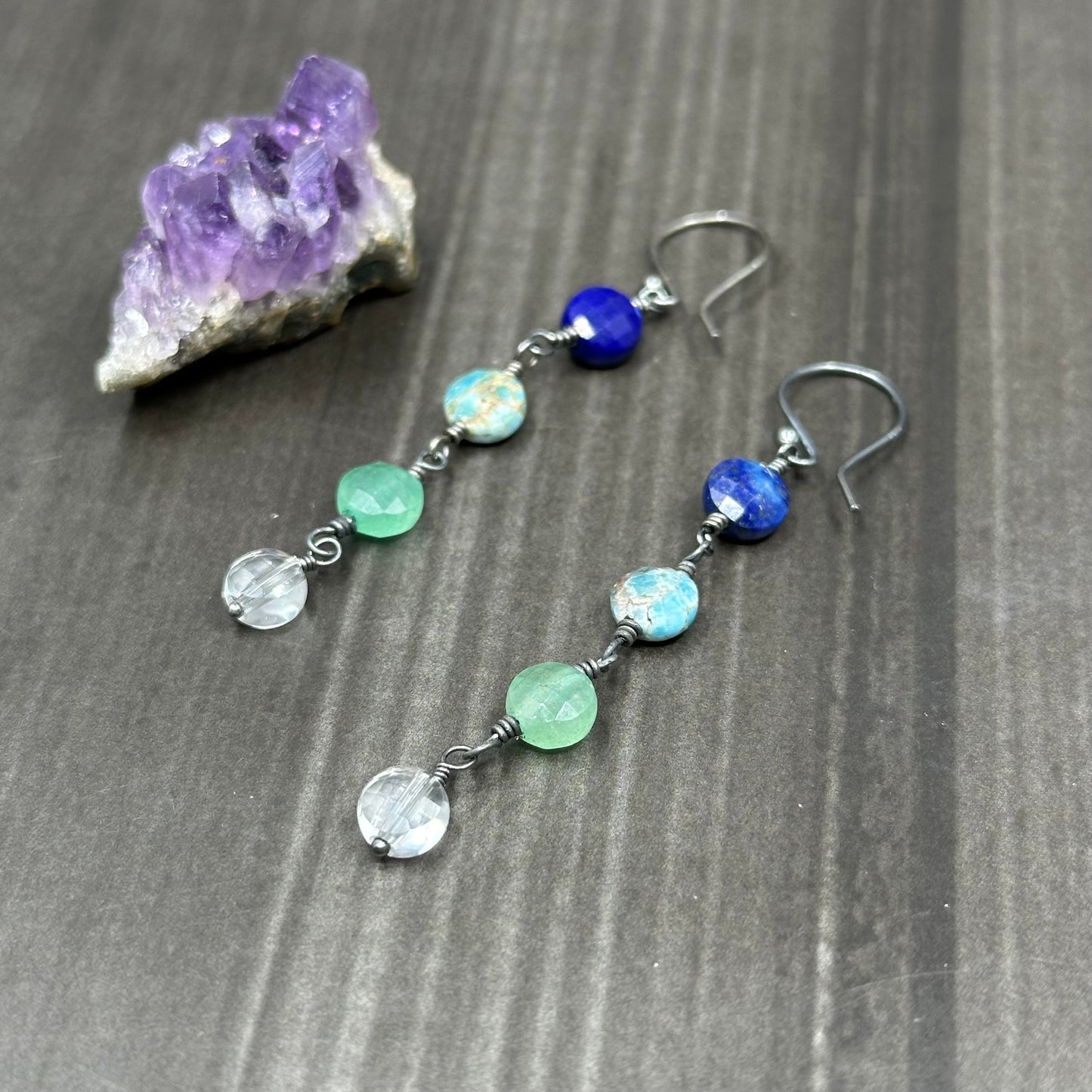 Lapis, Apatite, Aventurine, and Crystal Quartz Earrings in Sterling