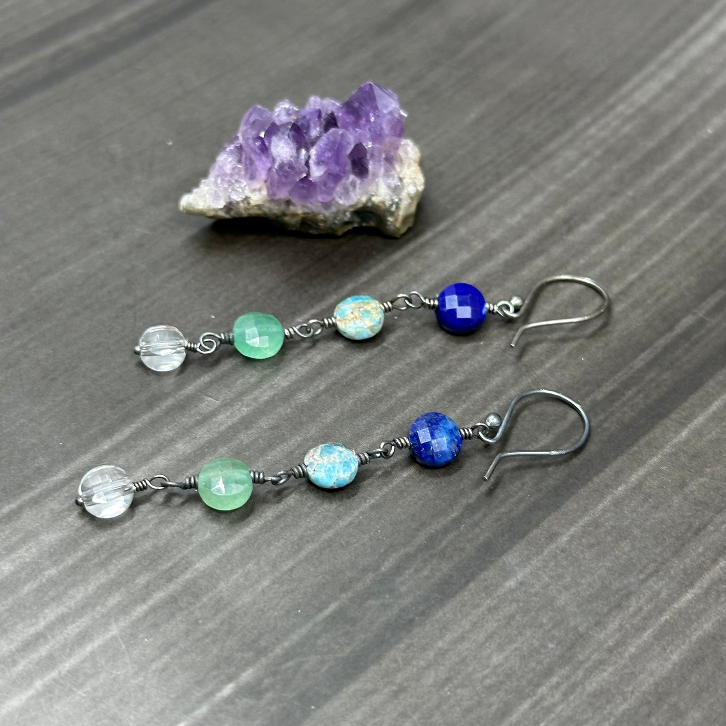 Lapis, Apatite, Aventurine, and Crystal Quartz Earrings in Sterling