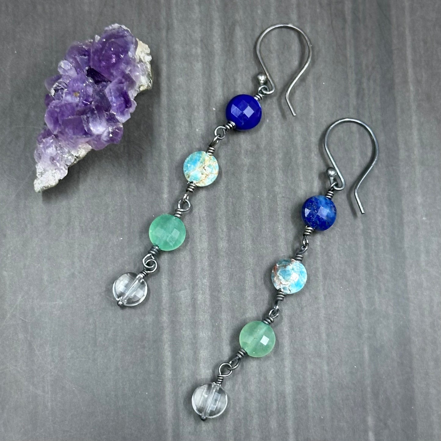 Lapis, Apatite, Aventurine, and Crystal Quartz Earrings in Sterling