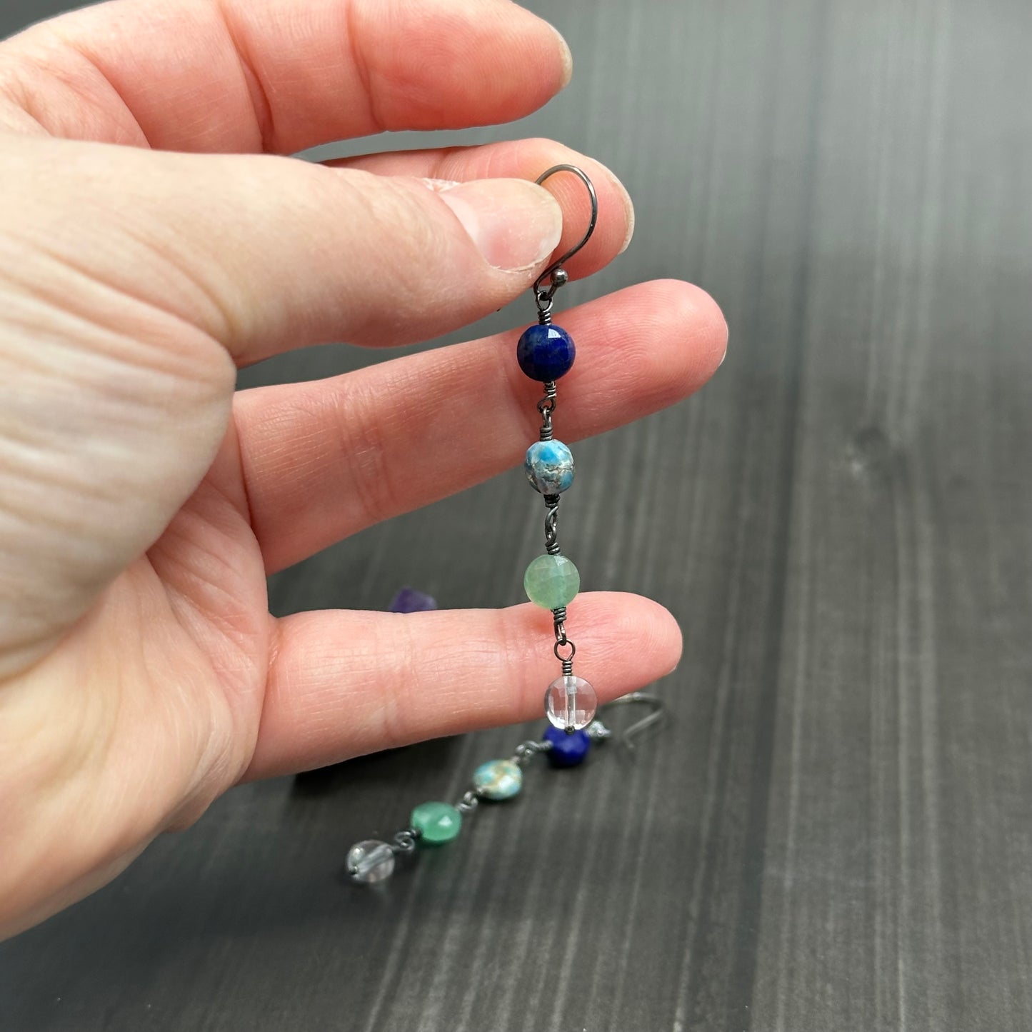 Lapis, Apatite, Aventurine, and Crystal Quartz Earrings in Sterling