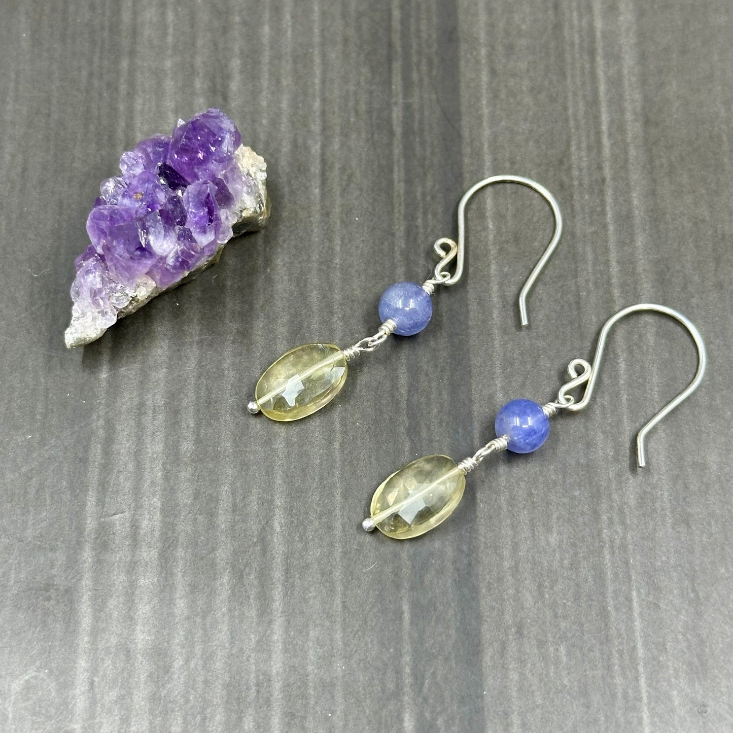 Lemon Quartz, Tanzanite, and Sterling Silver Earrings