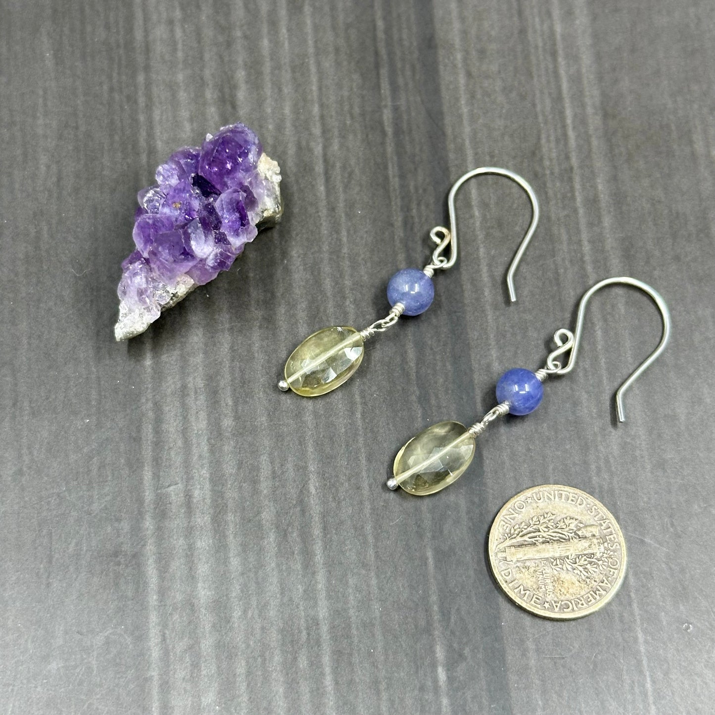 Lemon Quartz, Tanzanite, and Sterling Silver Earrings