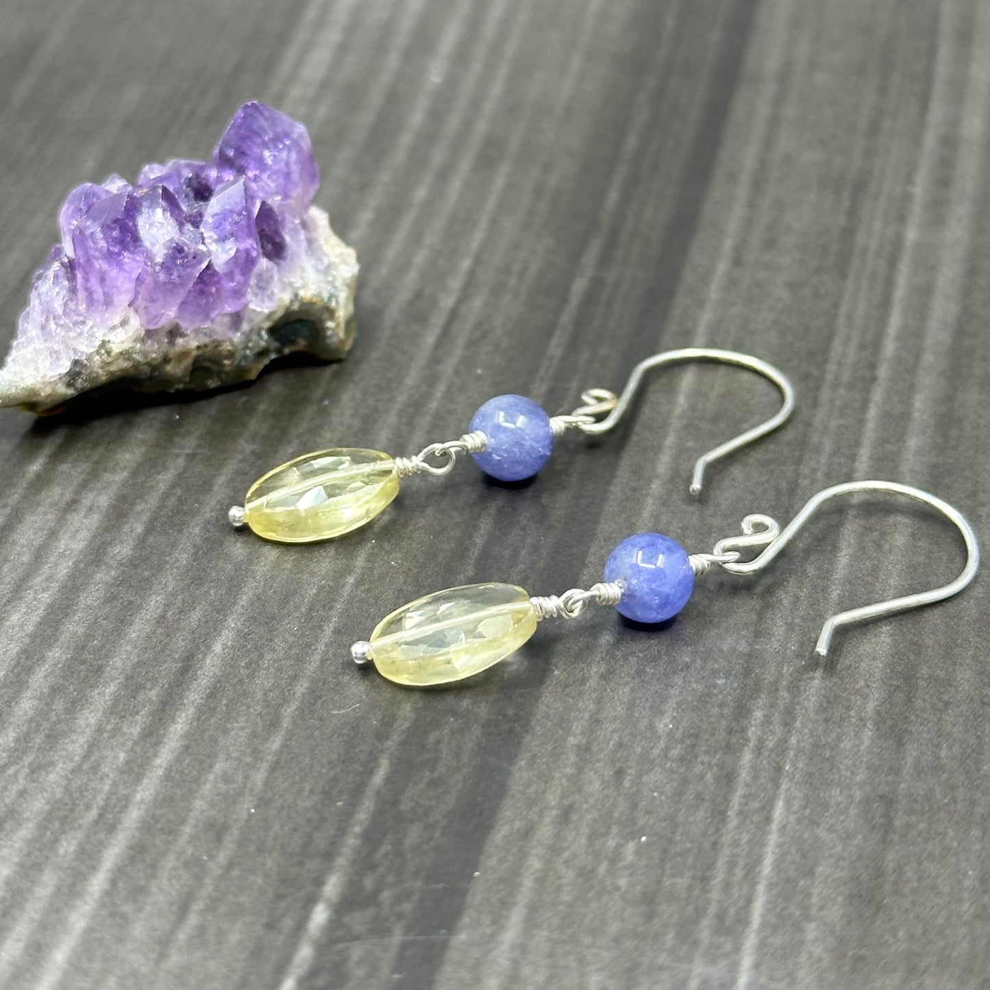 Lemon Quartz, Tanzanite, and Sterling Silver Earrings