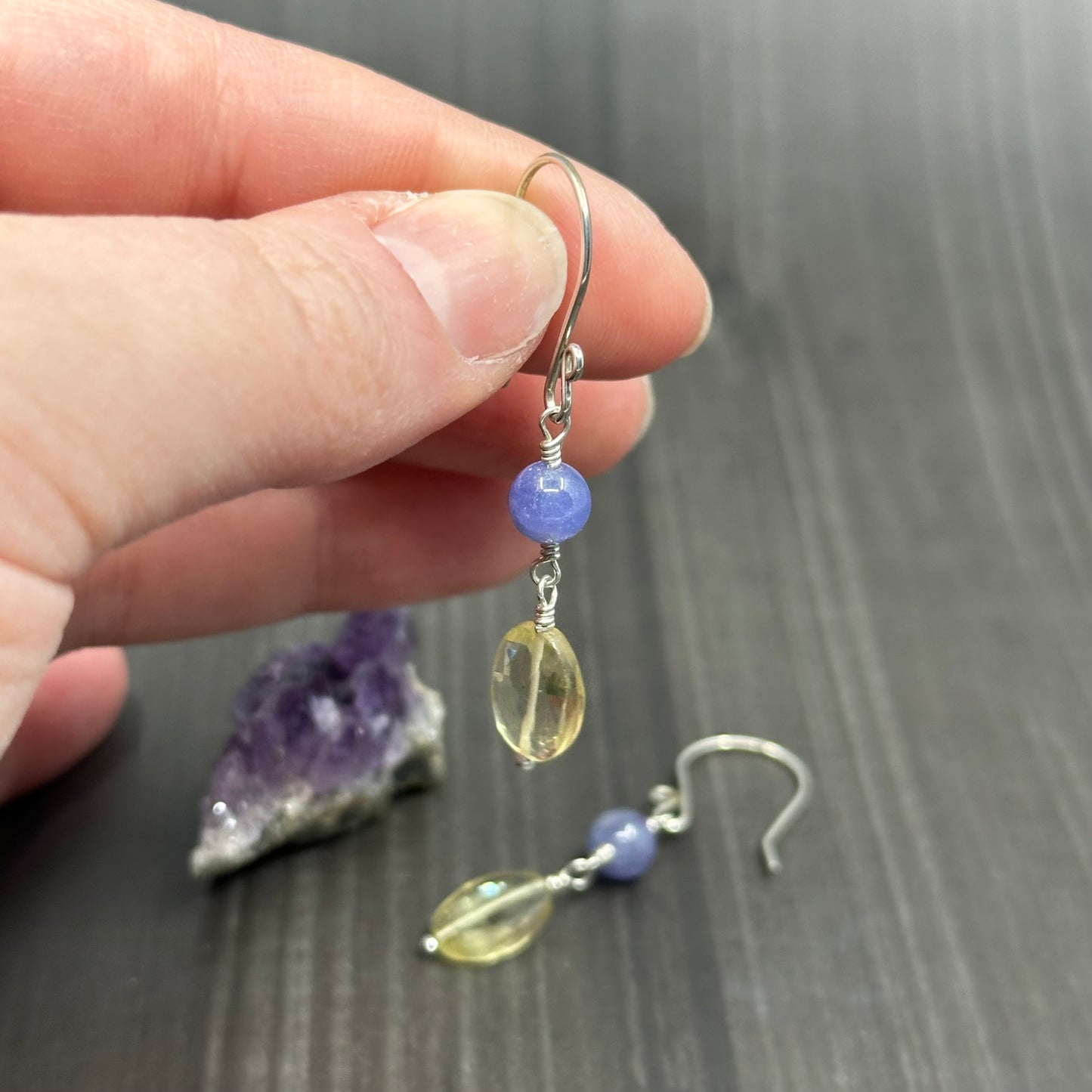 Lemon Quartz, Tanzanite, and Sterling Silver Earrings