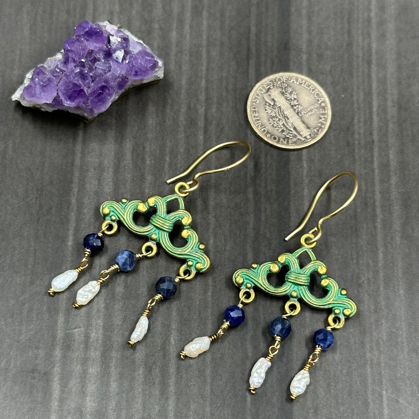 Brass, Pearl, and Sodalite Chandelier Earrings