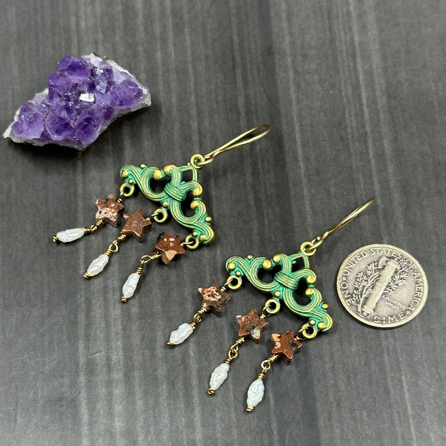 Brass, Pearl, and Jasper Chandelier Earrings