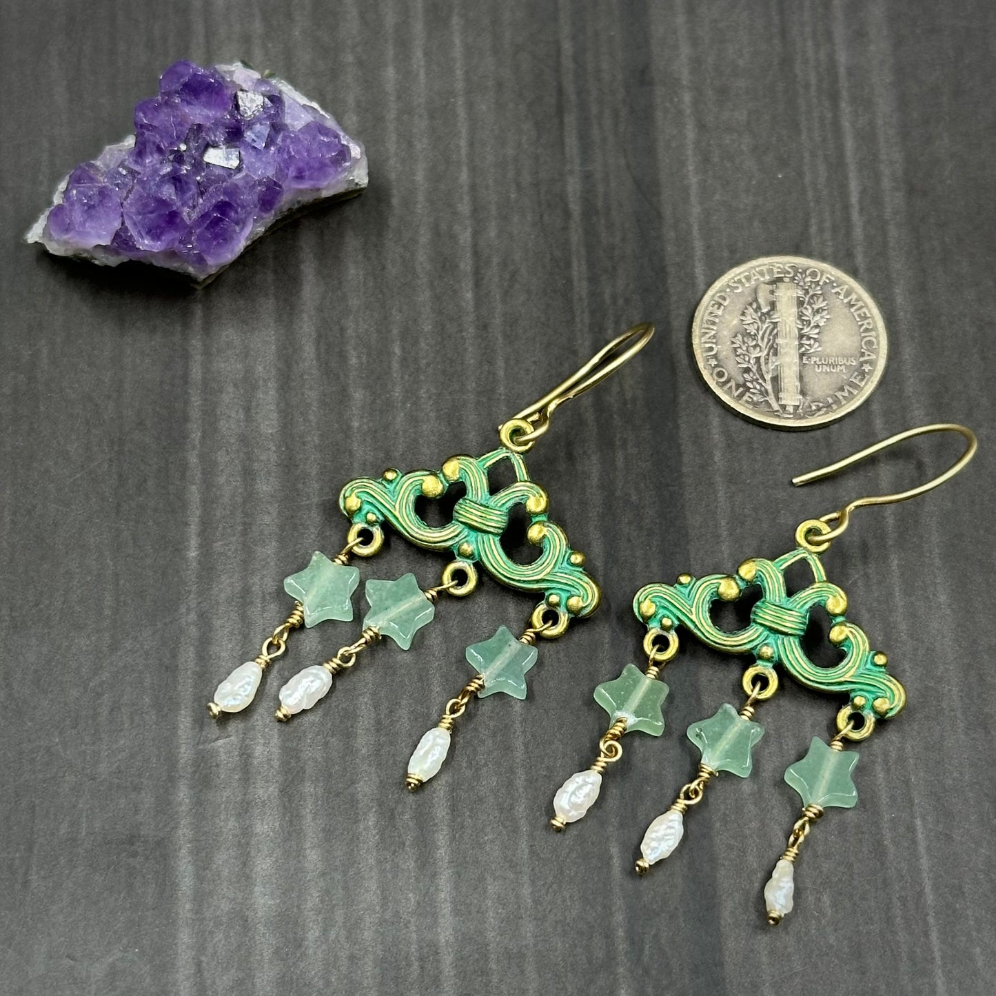 Brass, Pearl, and Aventurine Chandelier Earrings
