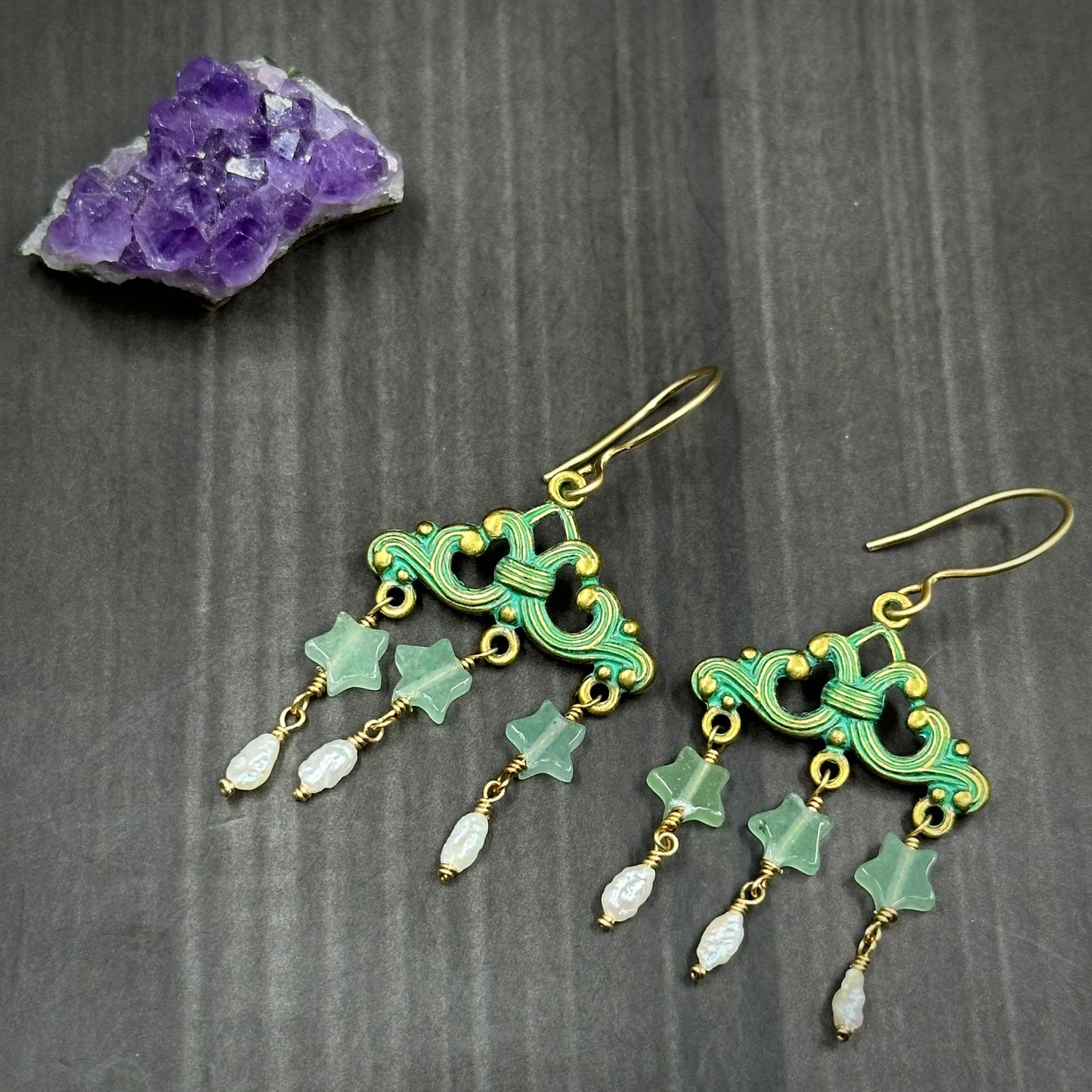 Brass, Pearl, and Aventurine Chandelier Earrings