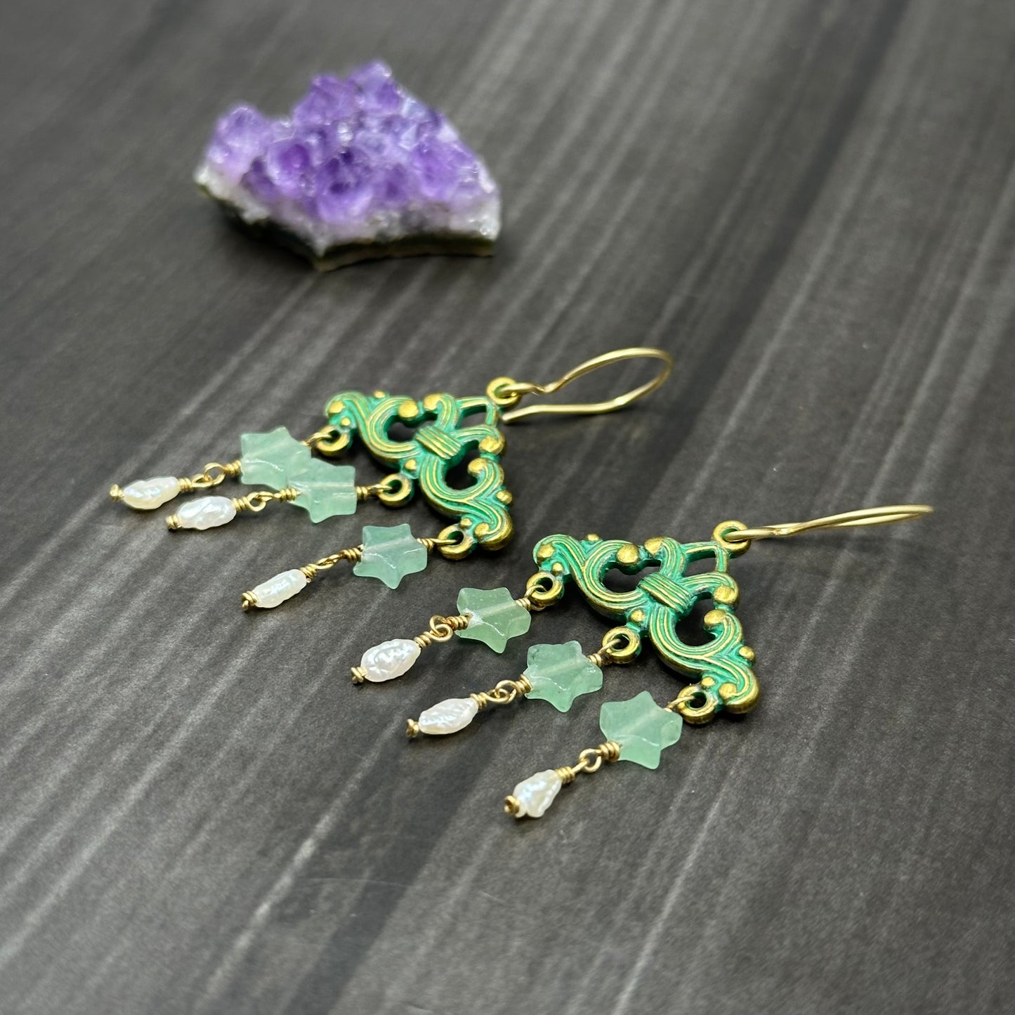 Brass, Pearl, and Aventurine Chandelier Earrings