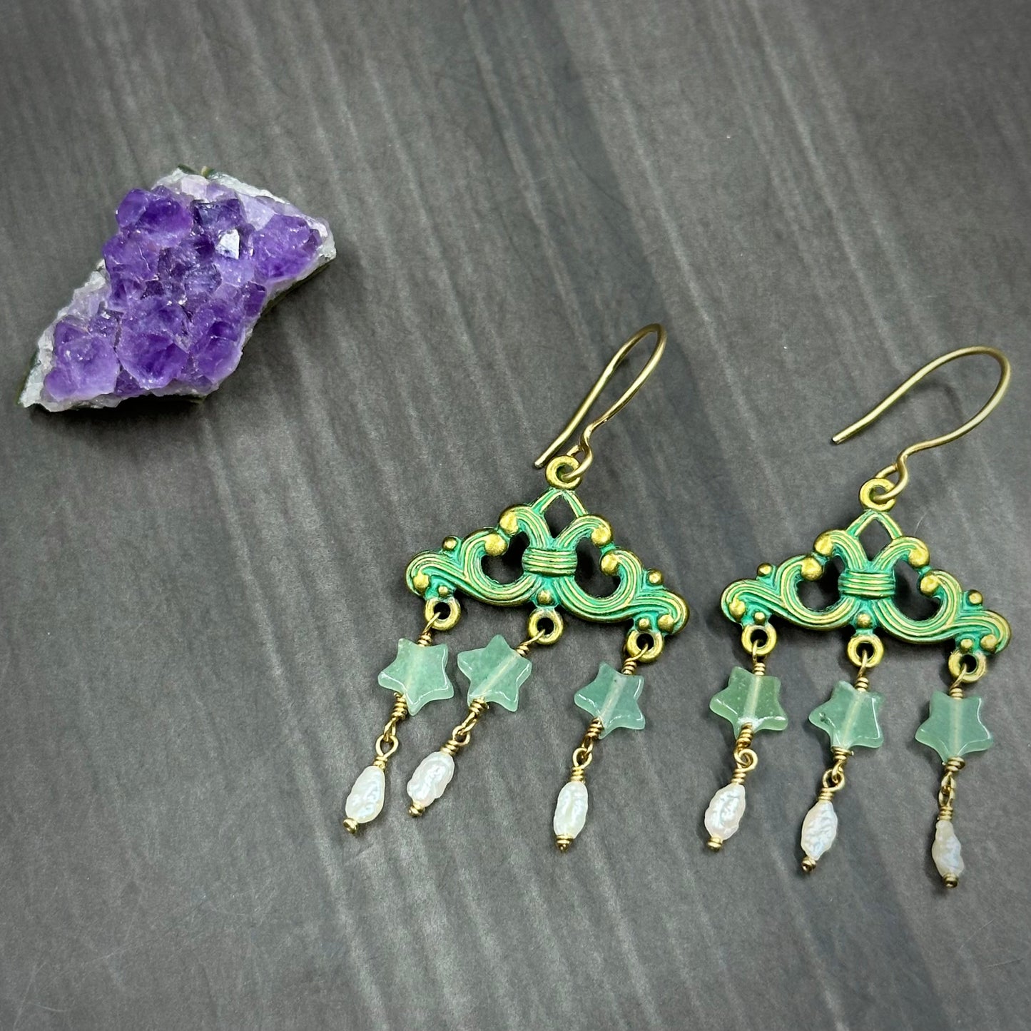 Brass, Pearl, and Aventurine Chandelier Earrings