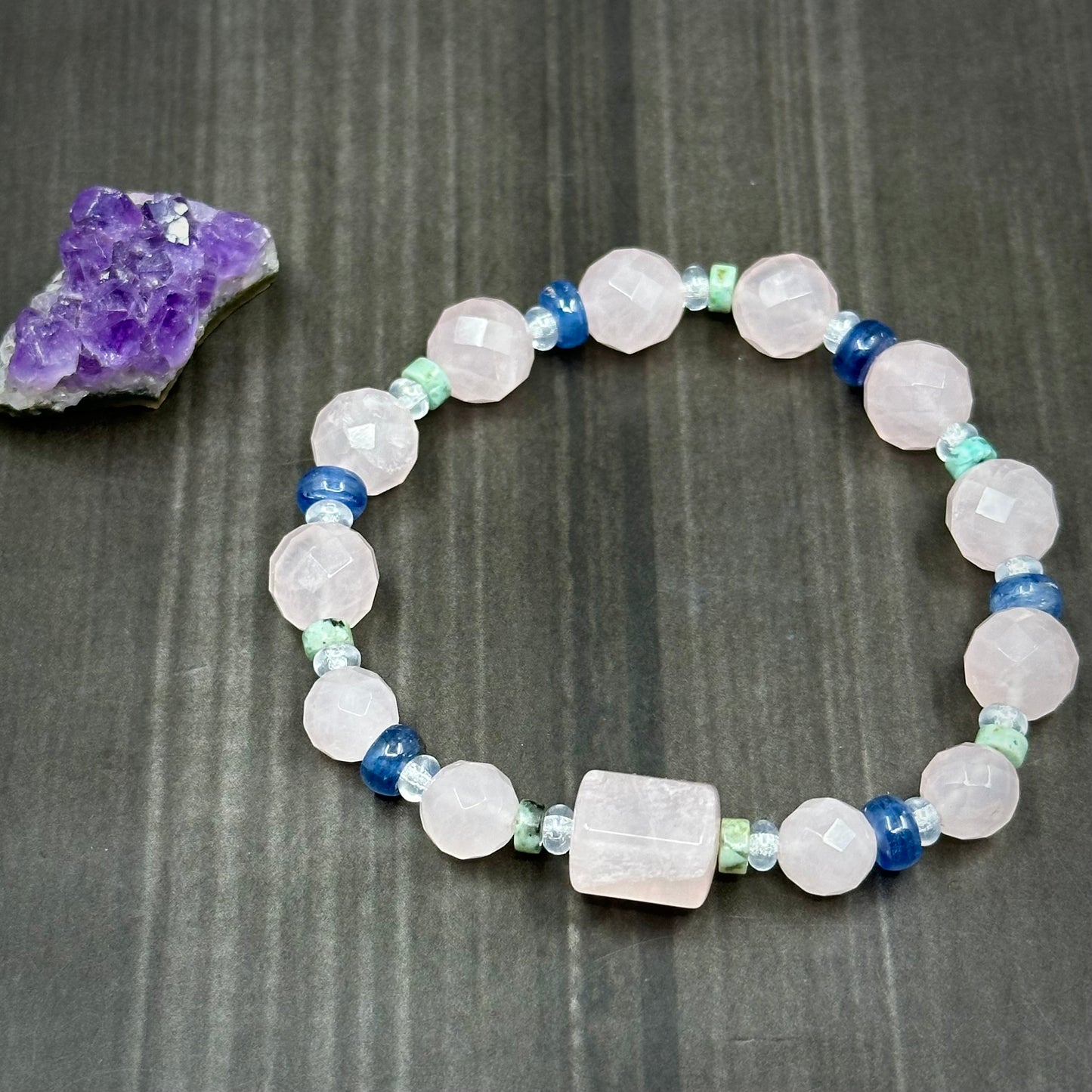 Soft pink Rose Quartz stretch bracelet with kyanite and jasper