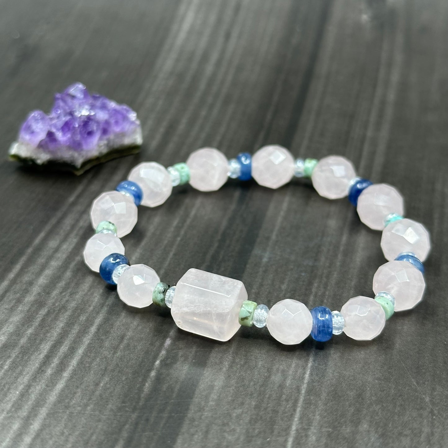 Soft pink Rose Quartz stretch bracelet with kyanite and jasper