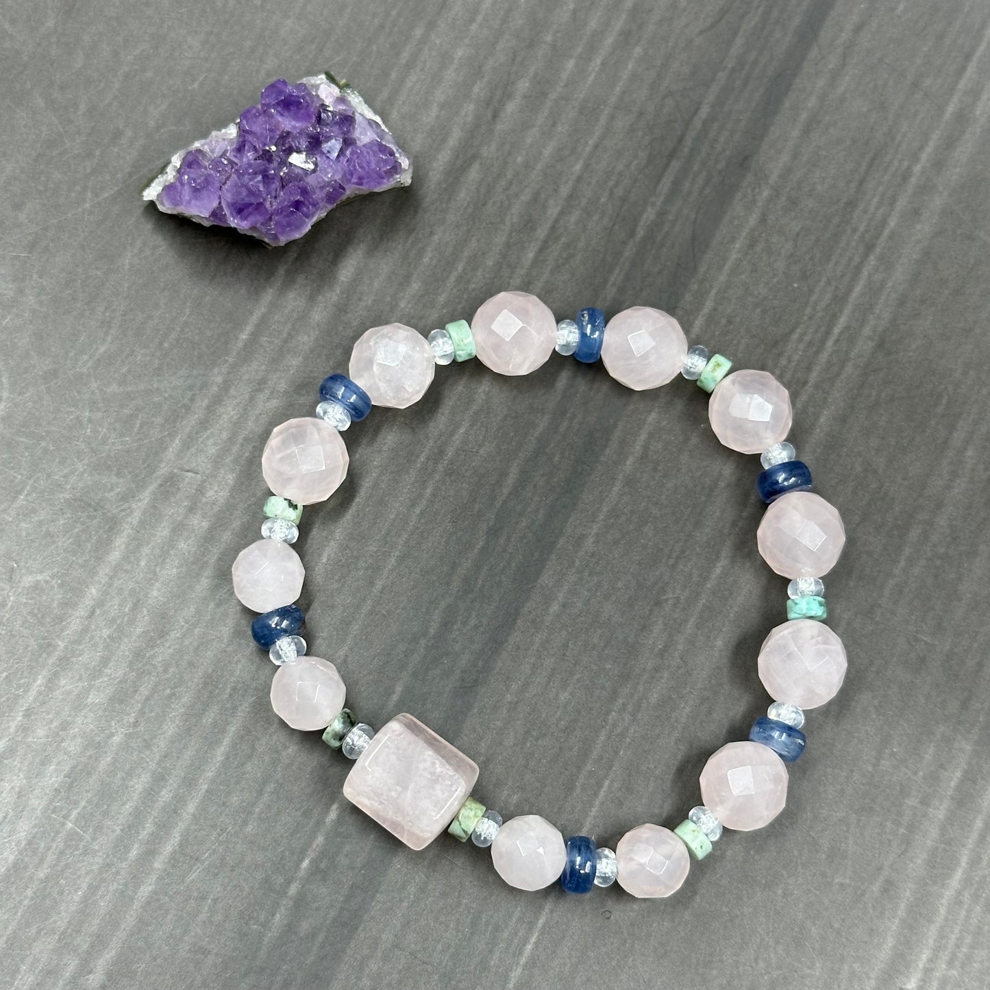 Soft pink Rose Quartz stretch bracelet with kyanite and jasper