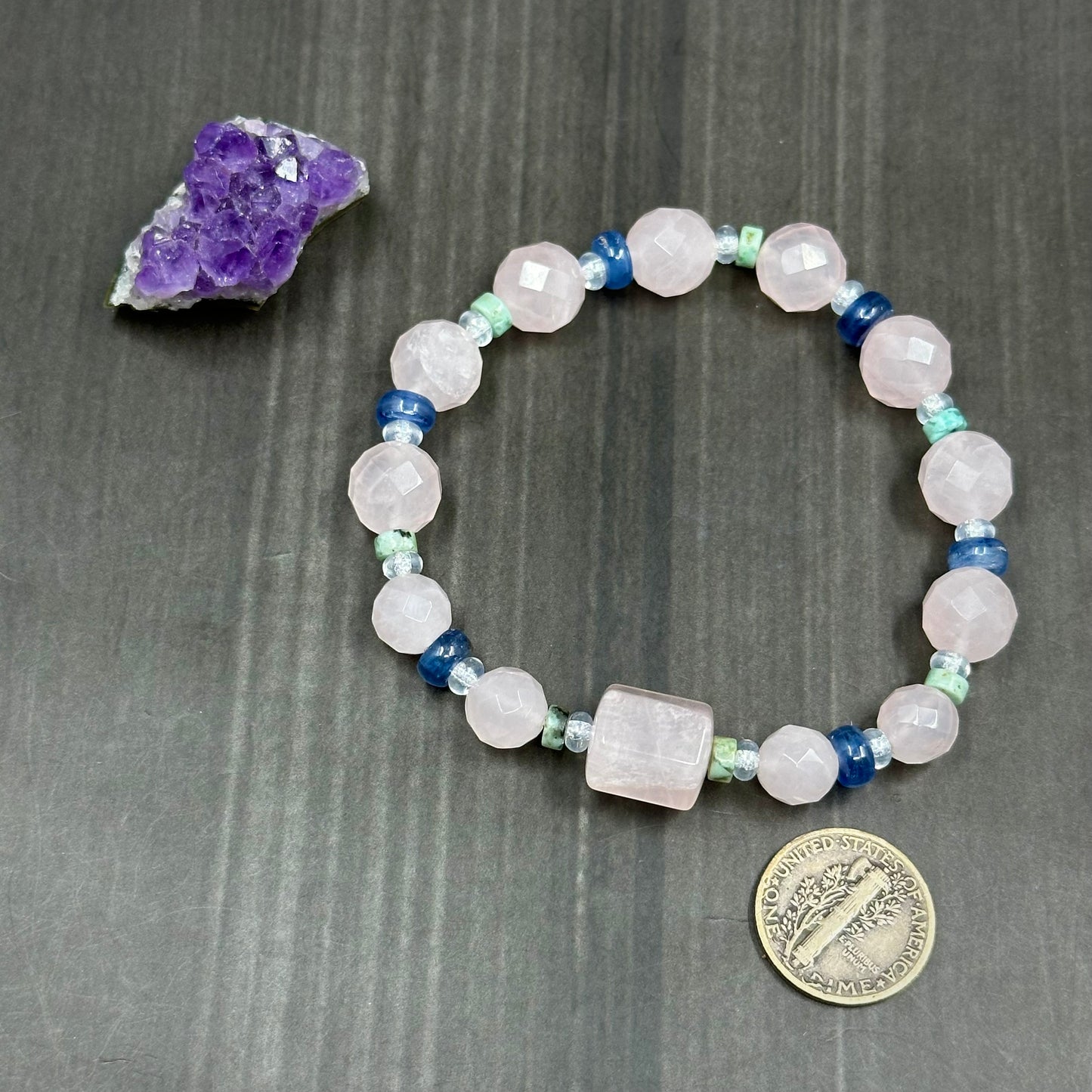 Soft pink Rose Quartz stretch bracelet with kyanite and jasper