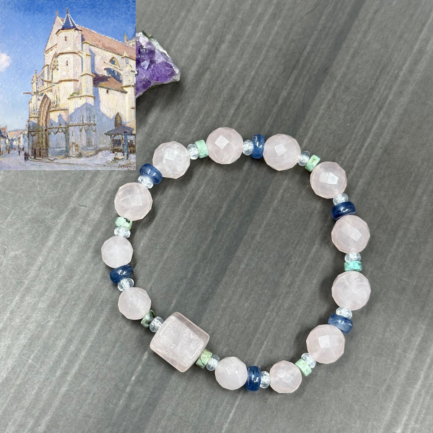 Soft pink Rose Quartz stretch bracelet with kyanite and jasper