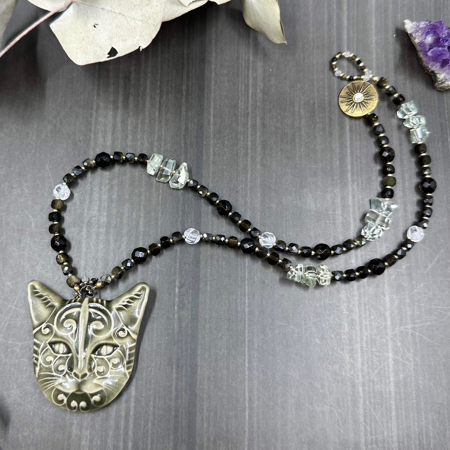 Ceramic Cat Necklace with Golden Obsidian, Smoky Quartz, Quartz, and Praisolite