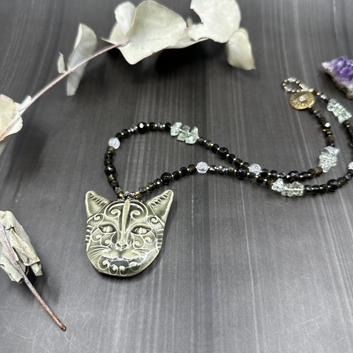 Ceramic Cat Necklace with Golden Obsidian, Smoky Quartz, Quartz, and Praisolite