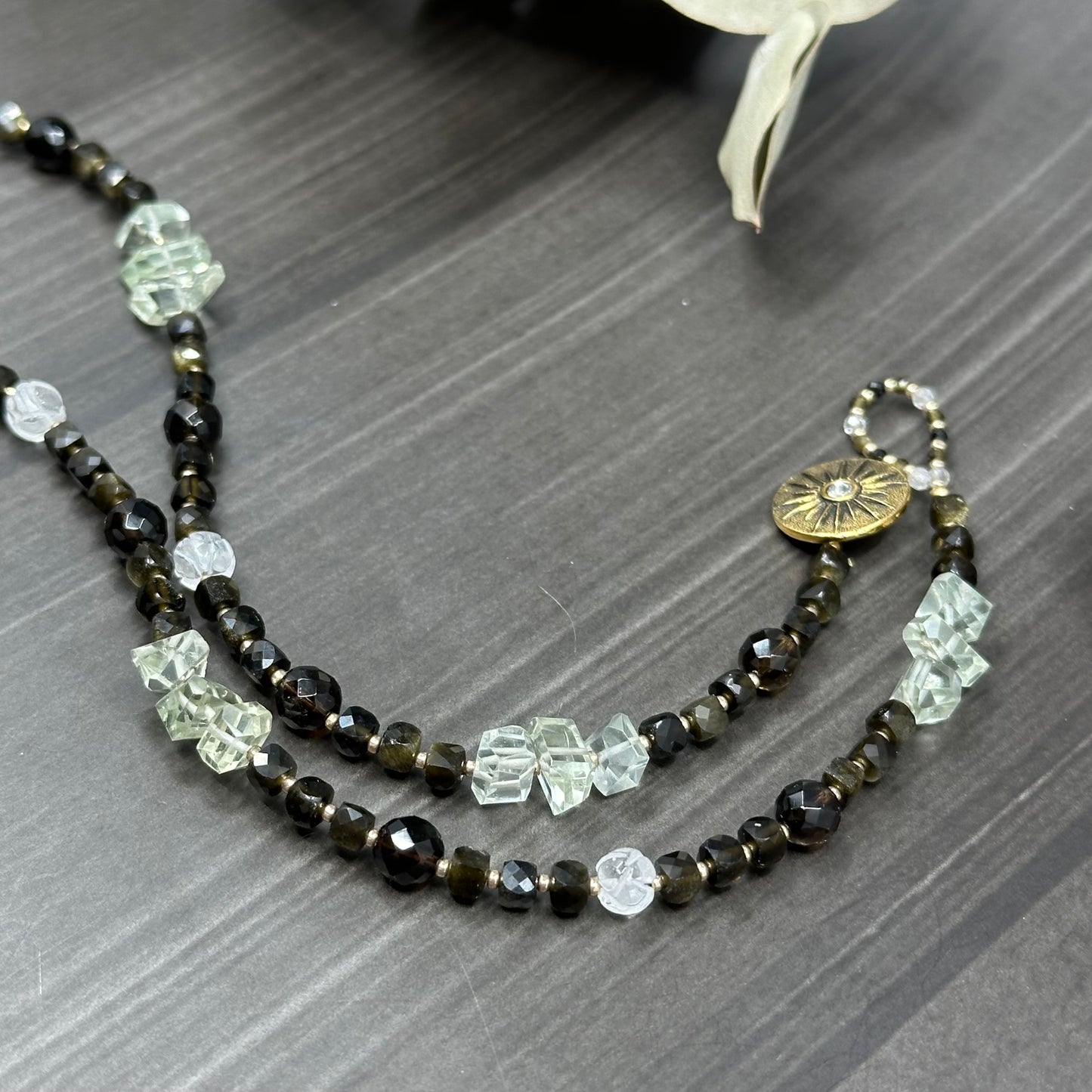 Ceramic Cat Necklace with Golden Obsidian, Smoky Quartz, Quartz, and Praisolite