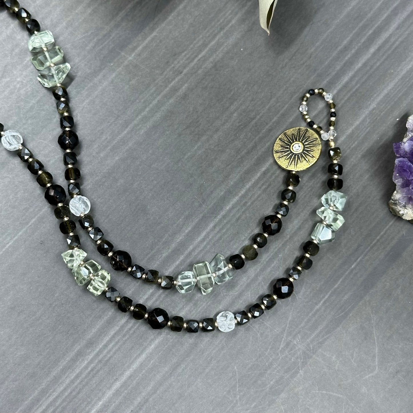 Ceramic Cat Necklace with Golden Obsidian, Smoky Quartz, Quartz, and Praisolite