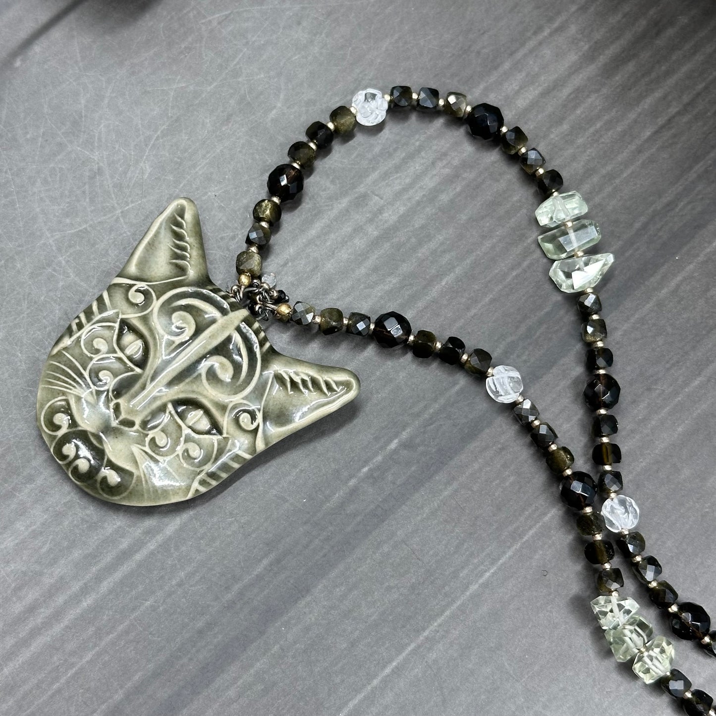 Ceramic Cat Necklace with Golden Obsidian, Smoky Quartz, Quartz, and Praisolite