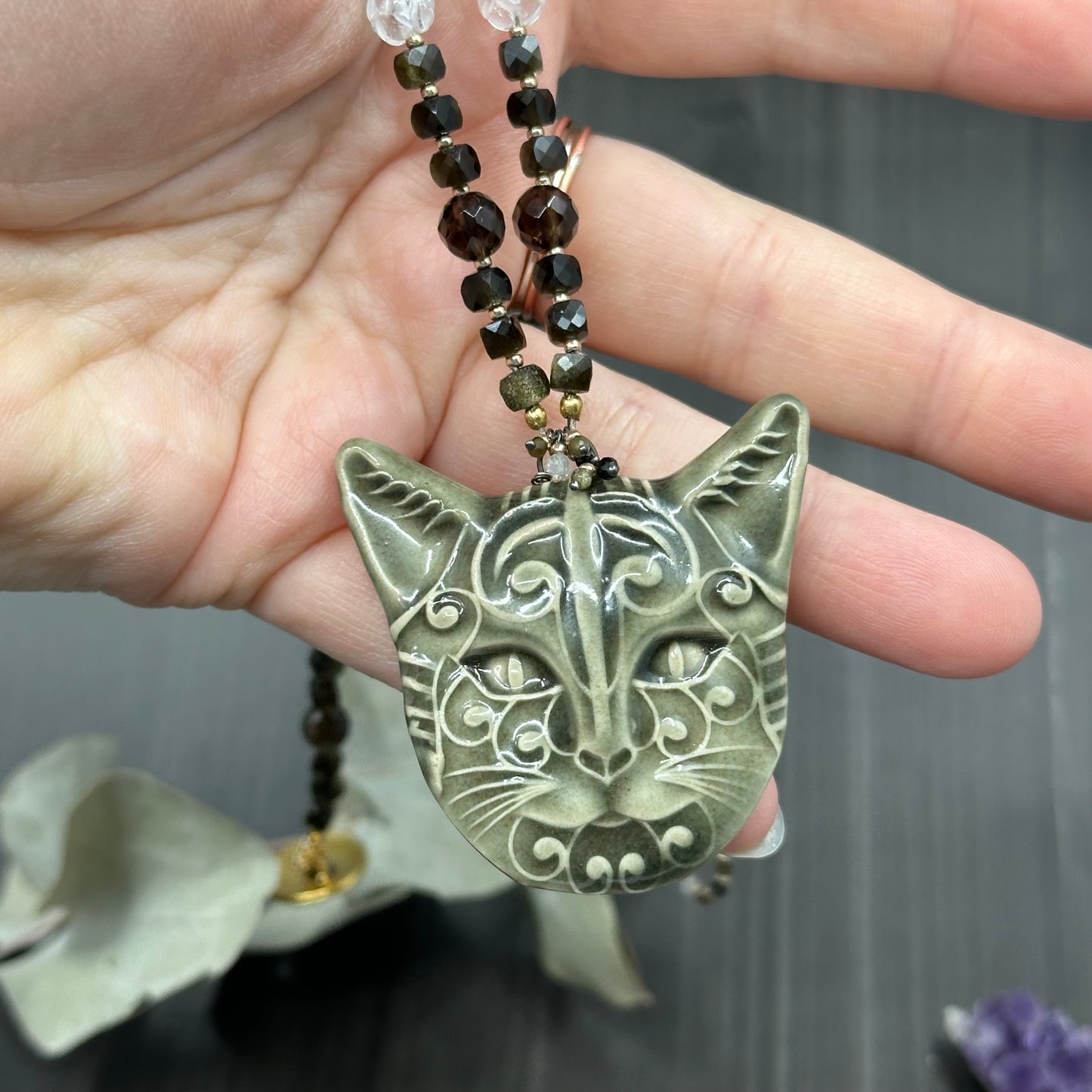 Ceramic Cat Necklace with Golden Obsidian, Smoky Quartz, Quartz, and Praisolite
