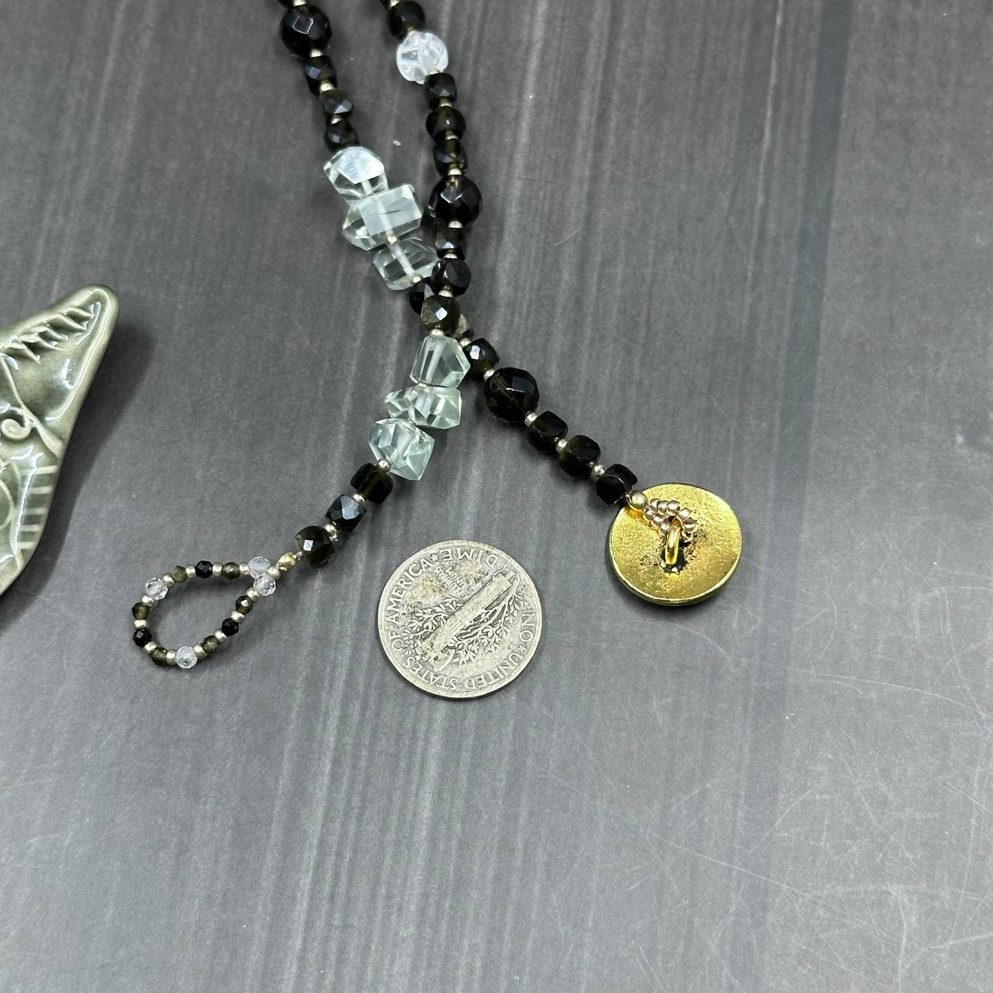 Ceramic Cat Necklace with Golden Obsidian, Smoky Quartz, Quartz, and Praisolite