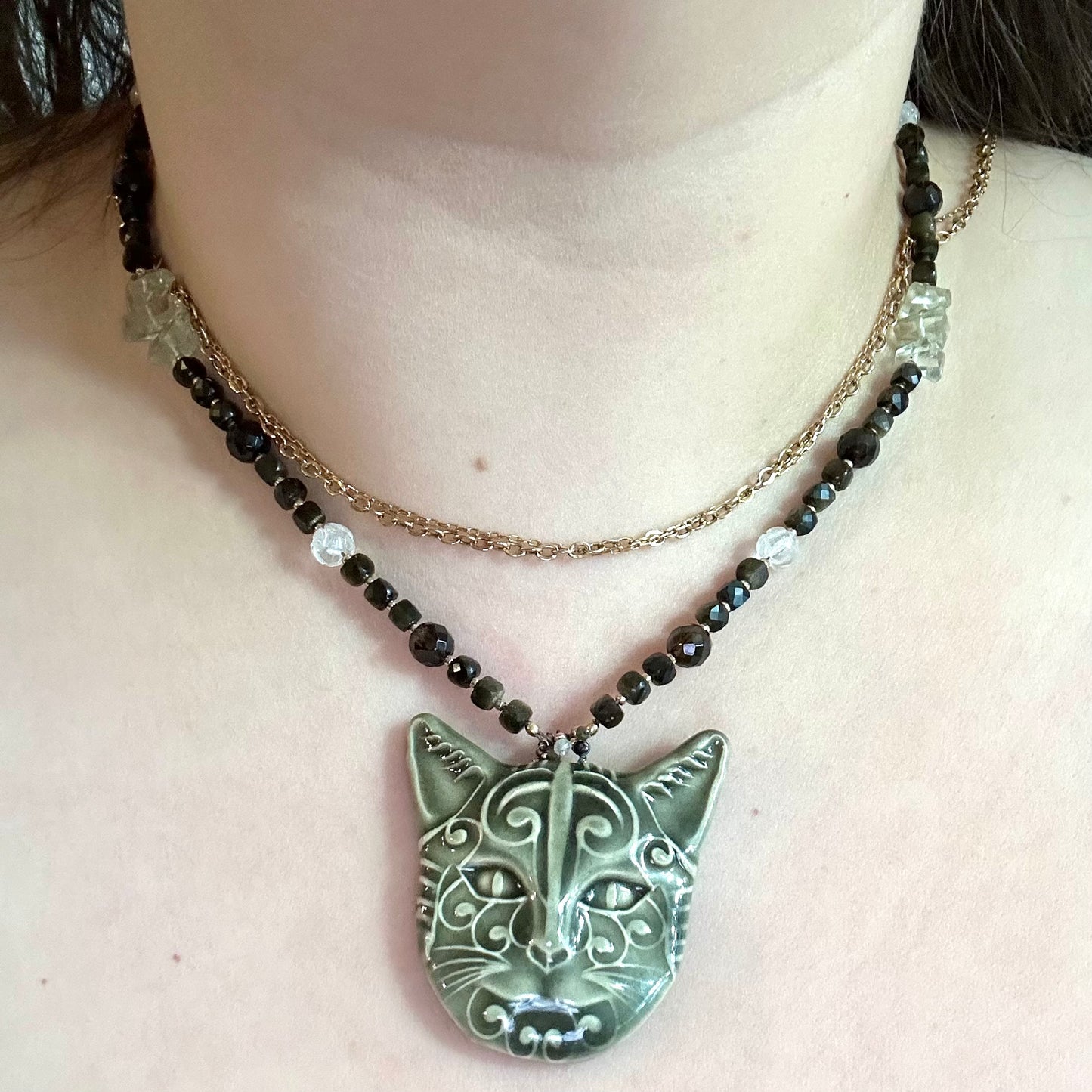 Ceramic Cat Necklace with Golden Obsidian, Smoky Quartz, Quartz, and Praisolite