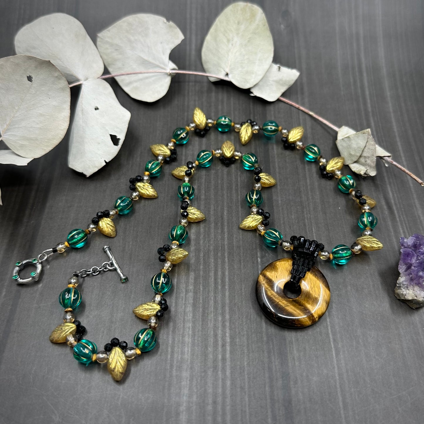 Floral Lace necklace with glass, tiger eye, and black tourmaline