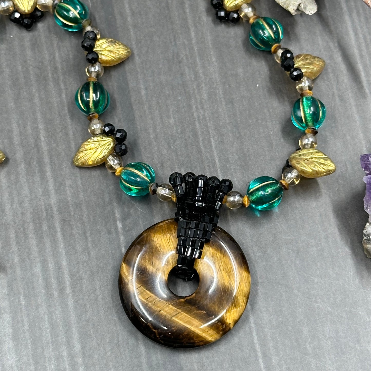Floral Lace necklace with glass, tiger eye, and black tourmaline