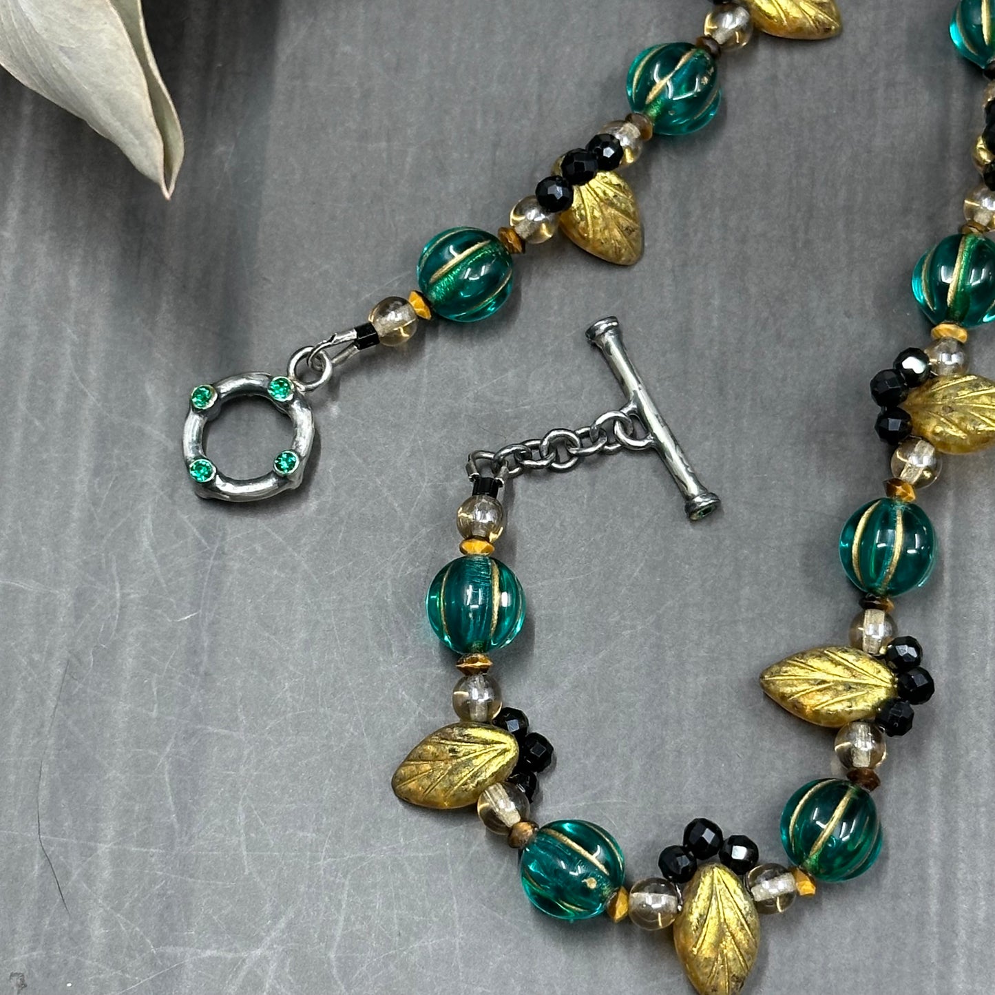 Floral Lace necklace with glass, tiger eye, and black tourmaline