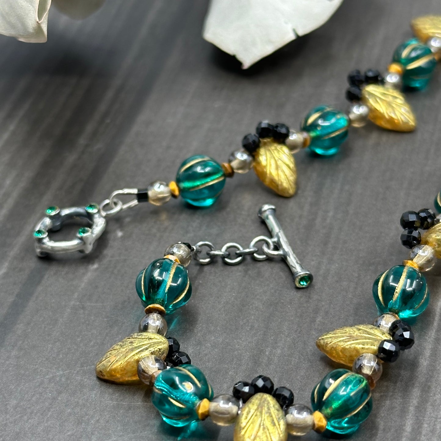 Floral Lace necklace with glass, tiger eye, and black tourmaline